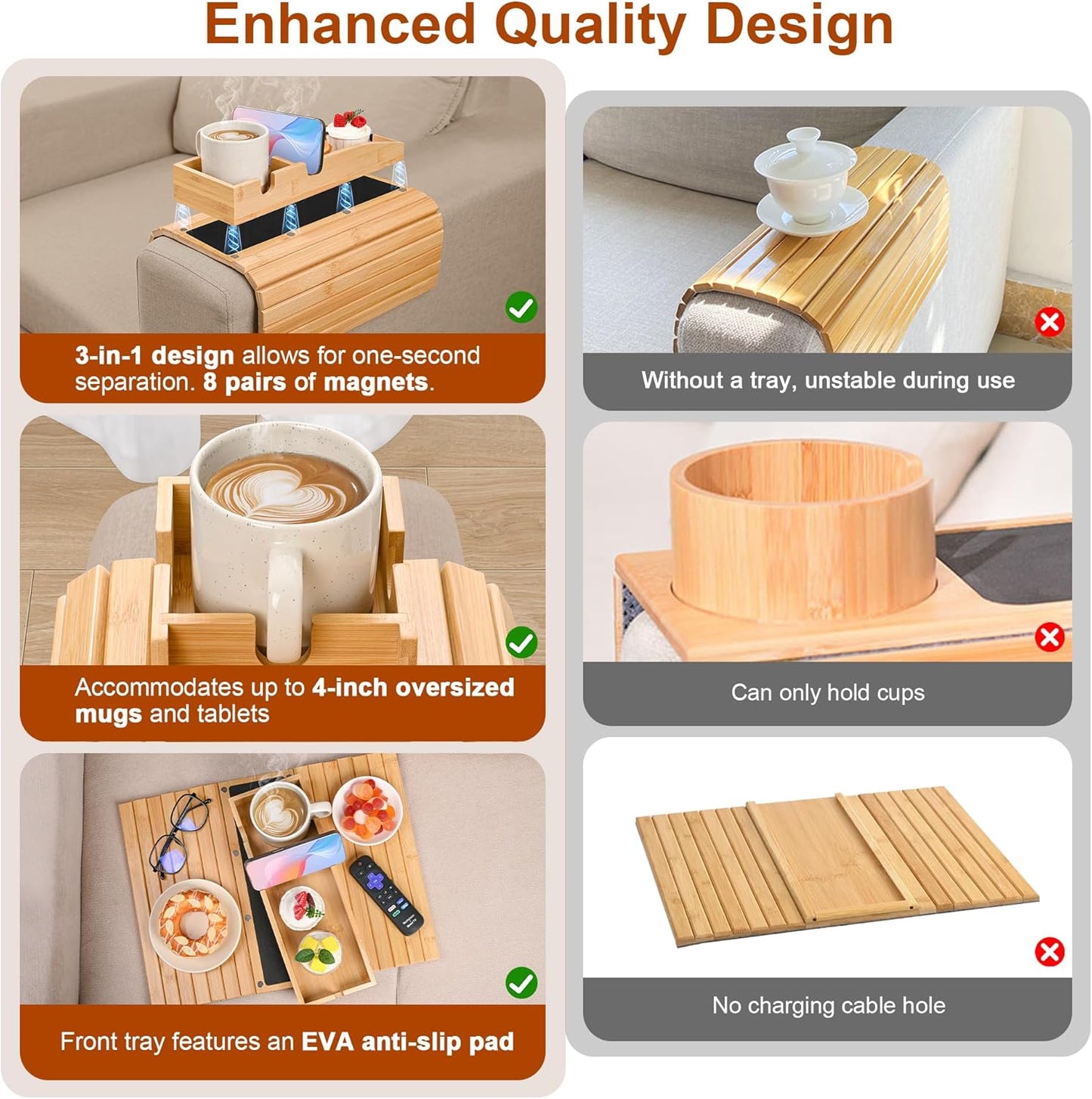 Joy&Grace Couch Cup Holder, 3-in-1 Magnetic Detachable Couch Arm Tray, Bamboo Sofa Armrest Table with Anti-Slip Pad, Sofa Armrest Tray Table (Natural)