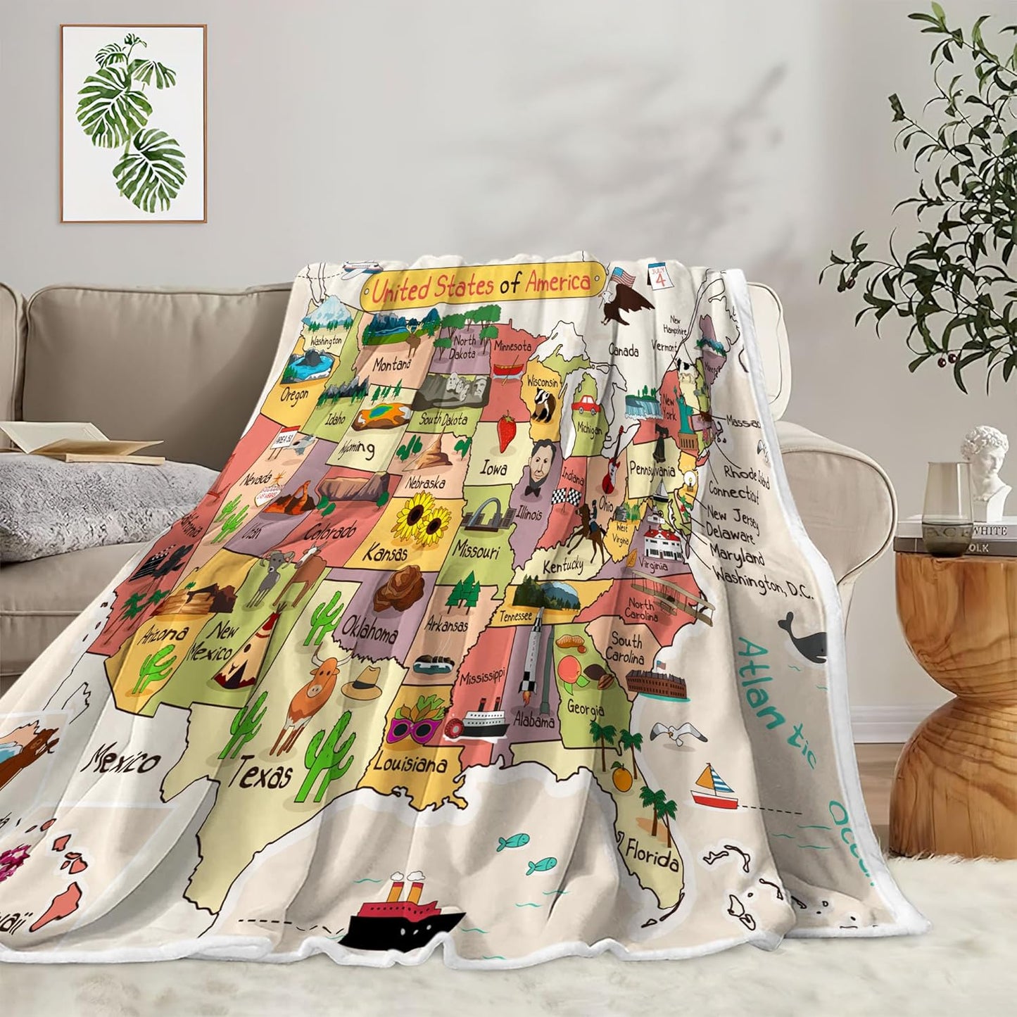 Kids Map of The United States Beige Throw Blanket, Fun Geography USA Camping Blankets for Bed, Animal Fleece Flannel Blanket for Sofa Couch Girls Boys Children Room Decor, 50X60in
