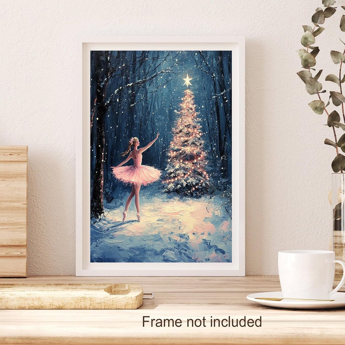 Vintage Pink Ballet Christmas Tree Wall Art Retro Lighted Winter Pine Botanical Aesthetic Picture Prints Rustic Scene Winter Room Wall Decor Canvas Posters Farmhouse Holiday Decor16x24in Unframed