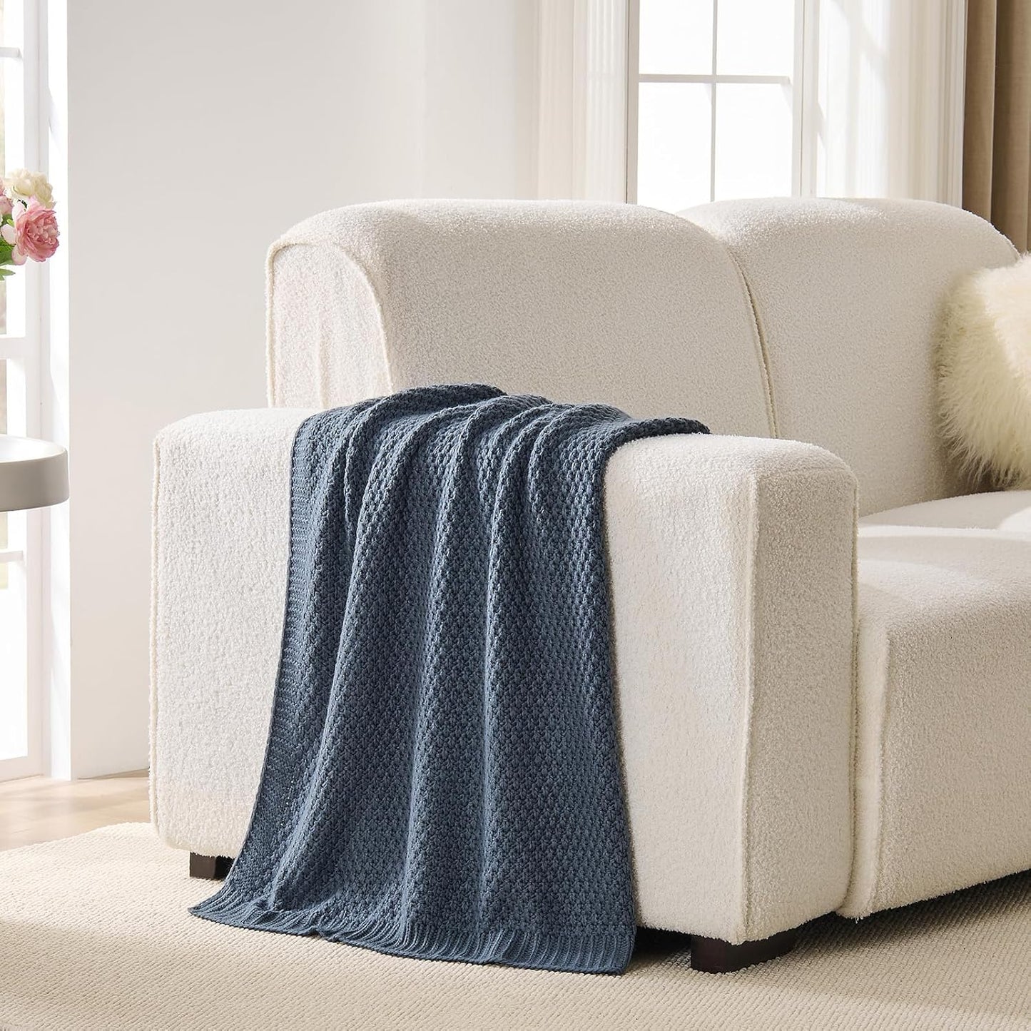 Blue Throw Blanket, Knit Throw Blanket for Couch, Soft Cozy Warm Lightweight Reversible Decorative Moss Stitch Cable Knitted Blankets for Bed, 60x80 Inches, Dusty Blue