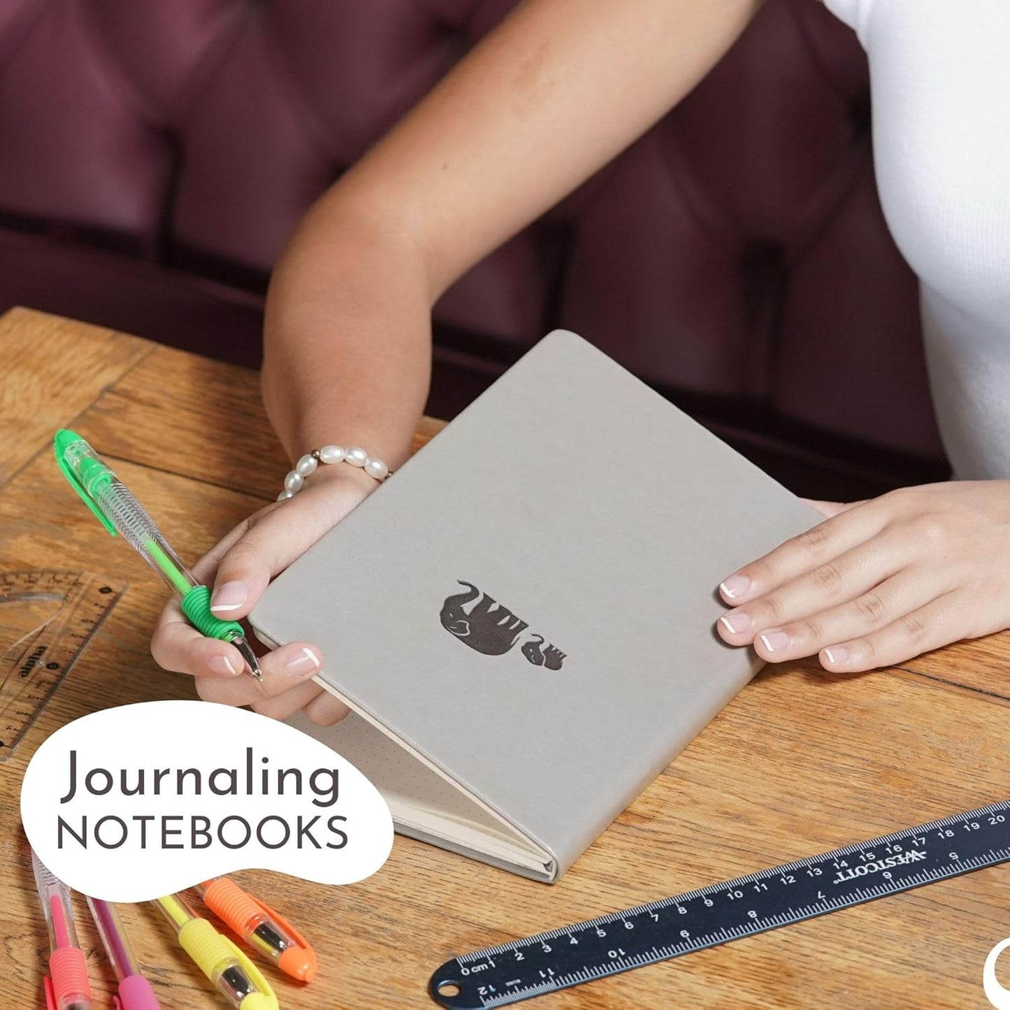 SETTINI Dotted Journal, Ideal for Bullet Journaling - A5 Vegan Leather Notebook, 192 Archival-Quality Pages, QuillEase Bleed-Free Paper, Inner Pocket & Bookmark - Elephant Gifts, Grey Elephants
