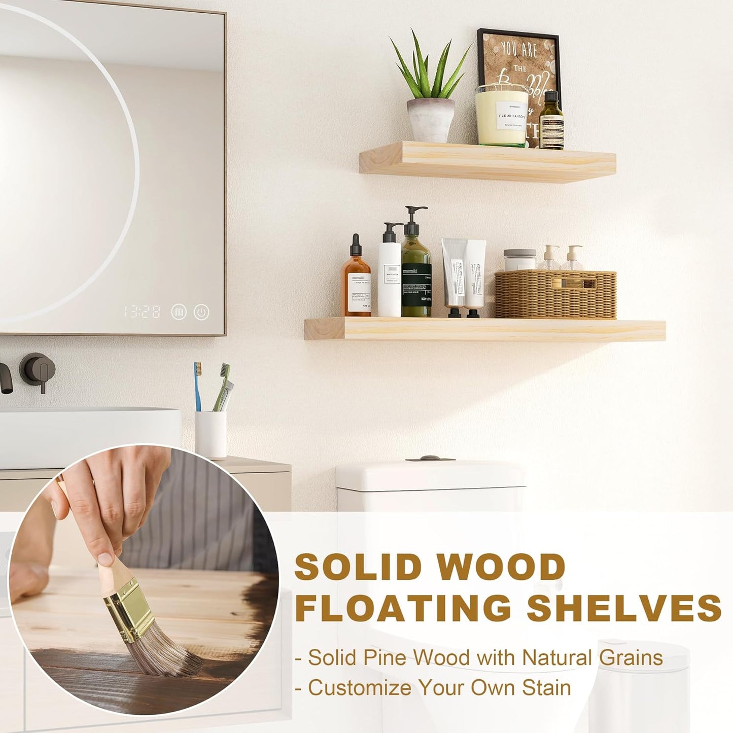Fun Memories Floating Shelves, 9.3'' Deep Solid Pine Wood Wall Shelves for Storage, Wall Mounted Display Shelf with Invisible Heavy-Duty Metal Bracket, 24'' Width Set of 2, Unfinished - DIY Stain
