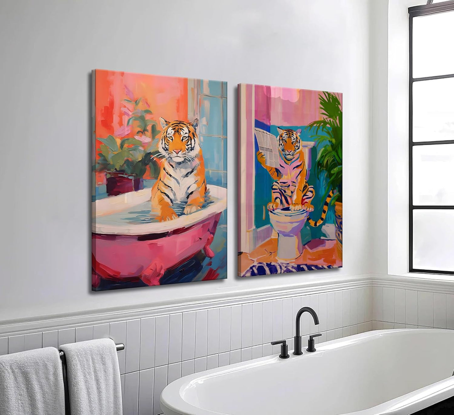 2Pcs Interesting Bathroom Tiger Canvas Wall Art Eclectic Pink Kitsch Aesthetic Animal in Bathtub Painting Picture Wall Decor Fashion Dopamine Poster Print Artwork for Restroom Home Decoration (Canvas, 16x24in)