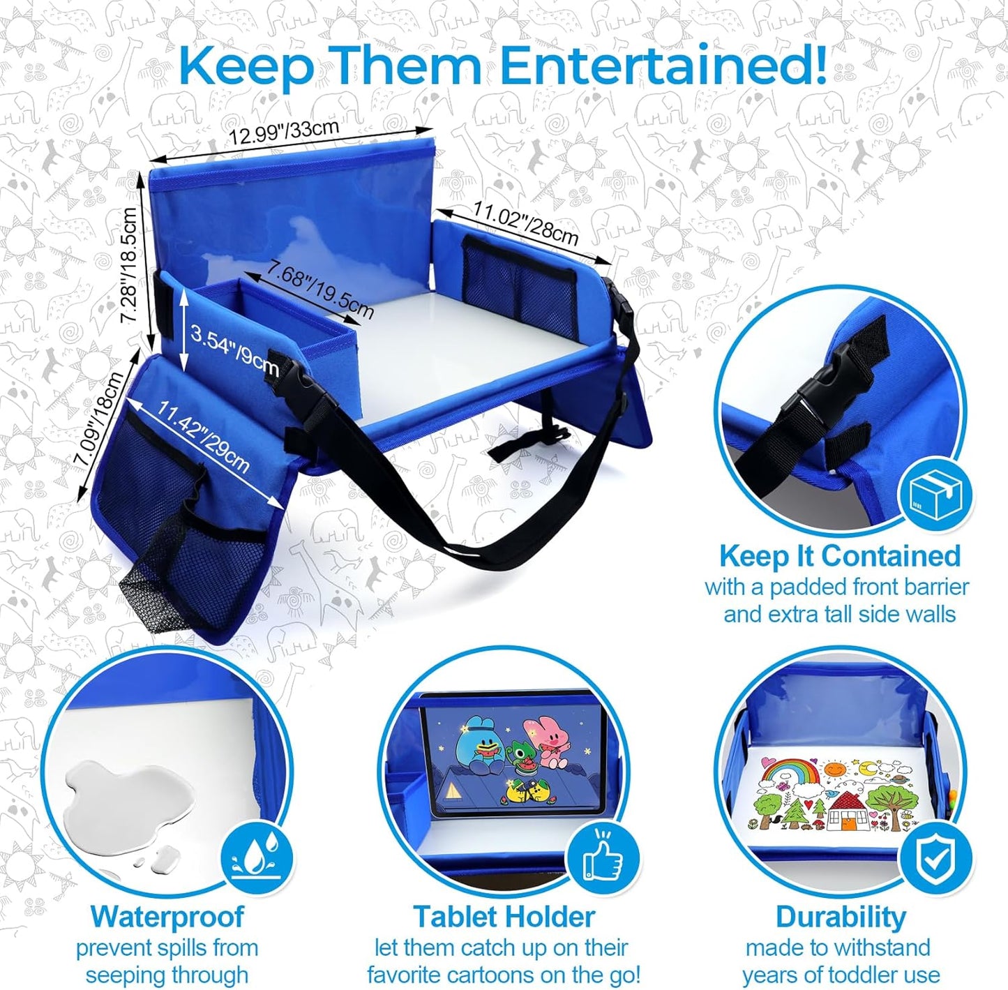 Travel Tray for Kids, Carseat Table Tray for Road Trip Activities, Toddler Lap Desk Organizer for Airplane - Blue