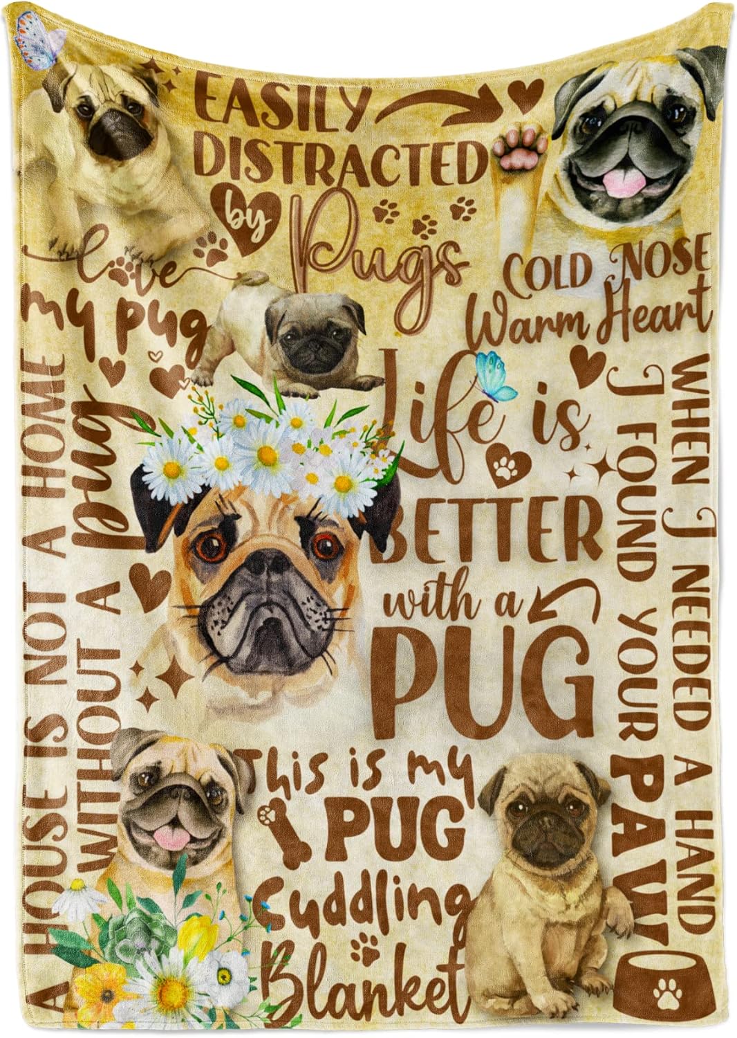 Pug Gifts for Pug Lovers, Soft Watercolor Flannel Throw Blanket for Dog Mom Dad Women Men, 50x65 Inches