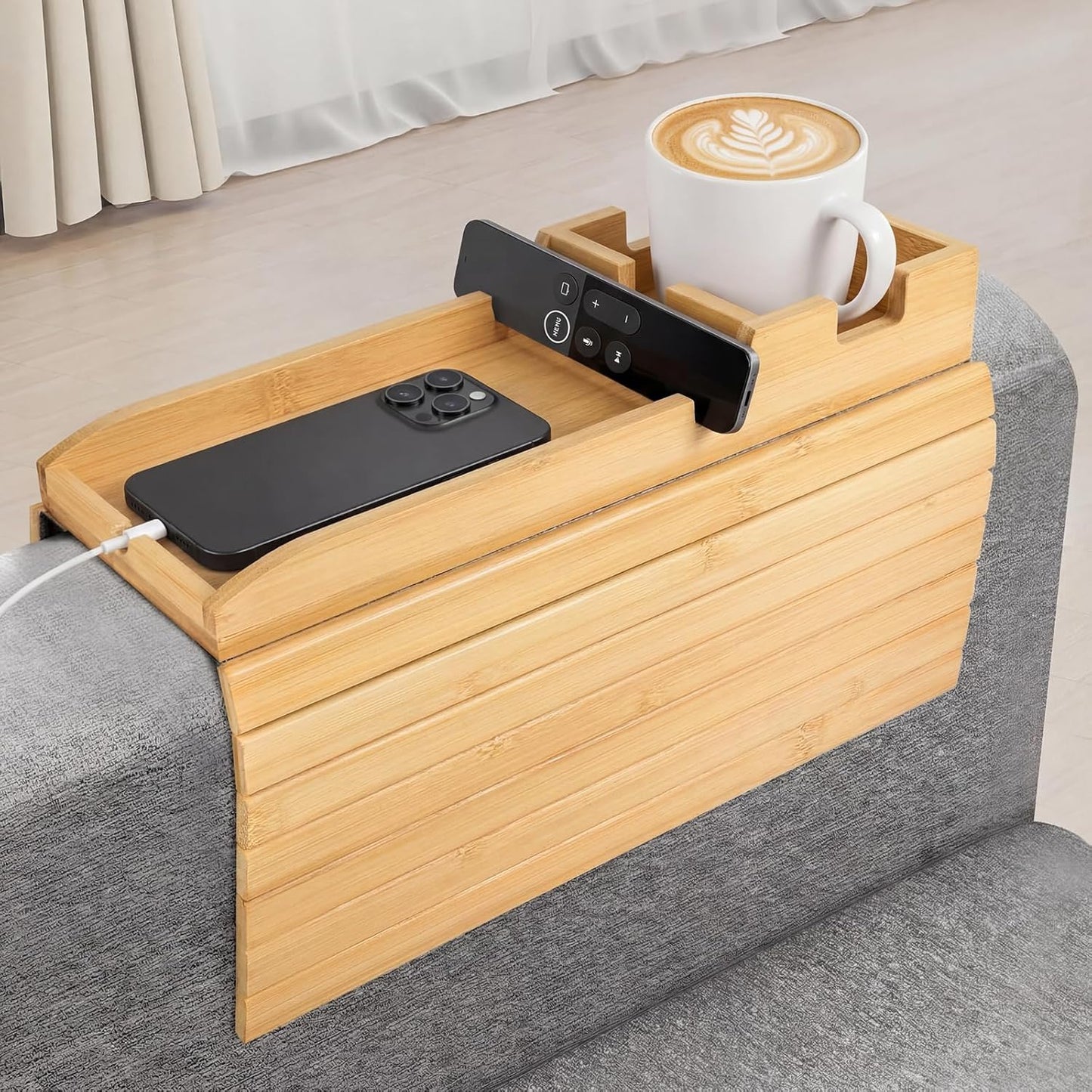 Bamboo Couch Arm Tray Table with Built-in Cup Holder, Foldable Anti-Slip Sofa Armrest Table for Drinks, Phone & Remote, Fits 4.7–16.9 in Armrests, Holds Cups up to 3.5 in Diameter (Bamboo)