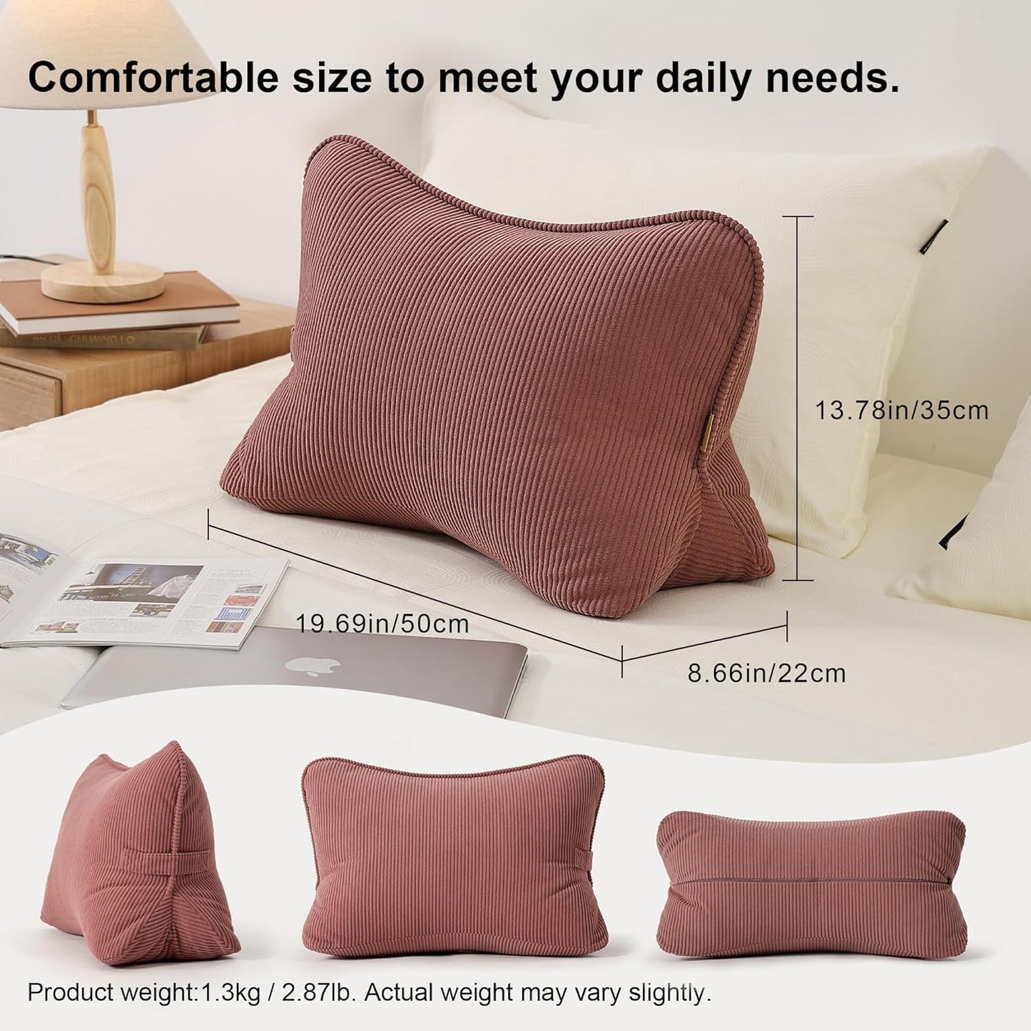 Corduroy Back Pillow for Sitting Up & Reading, Ergonomic Triangle Lumbar Support Cushion for Sofa, Armchair & Bed, Removable Cover, Brick Brown