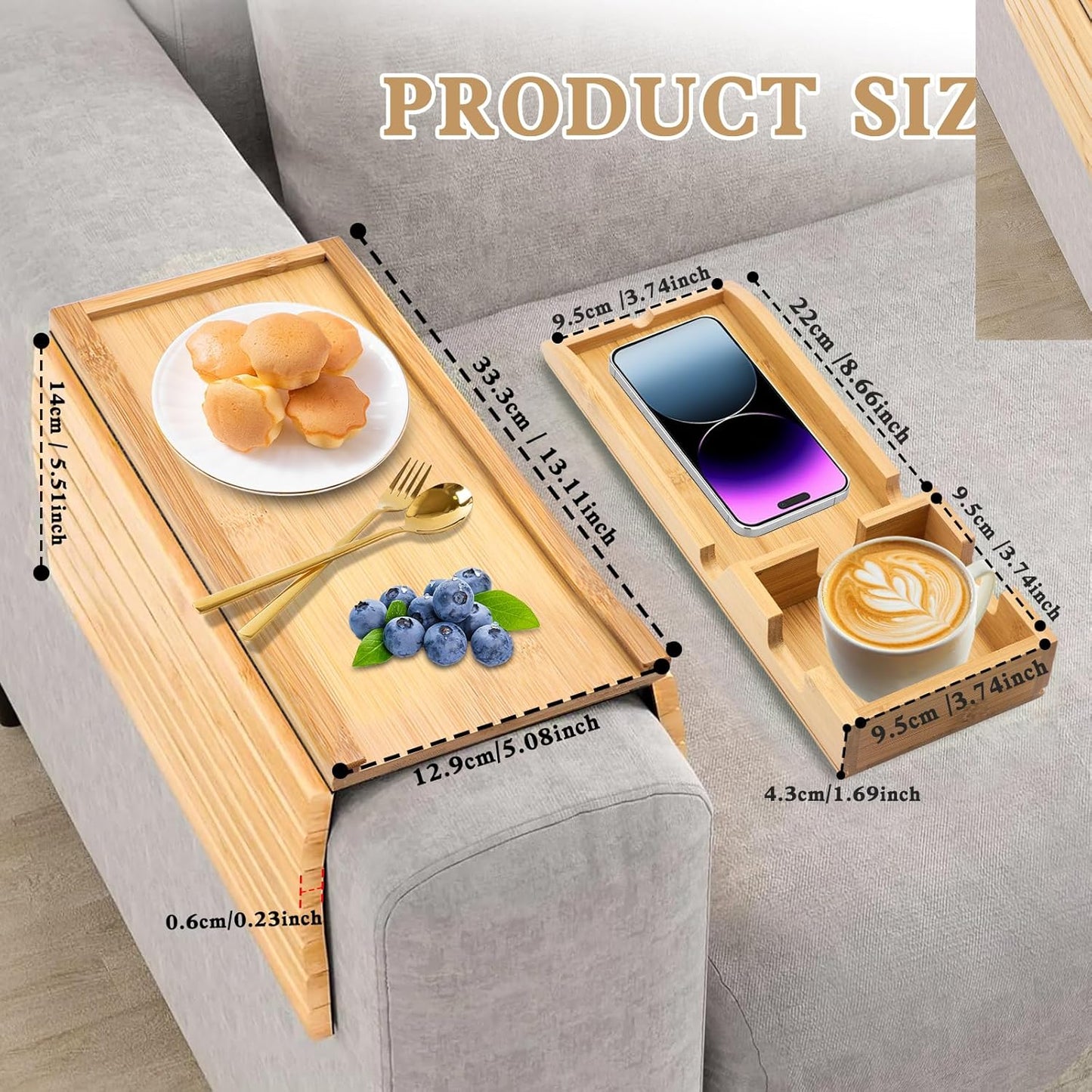 Bamboo Couch Arm Tray with Detachable Cup Holder - 2 in 1 Design, Foldable Anti-Falling Sofa Armrest Tray for Cups, Snacks, Remote