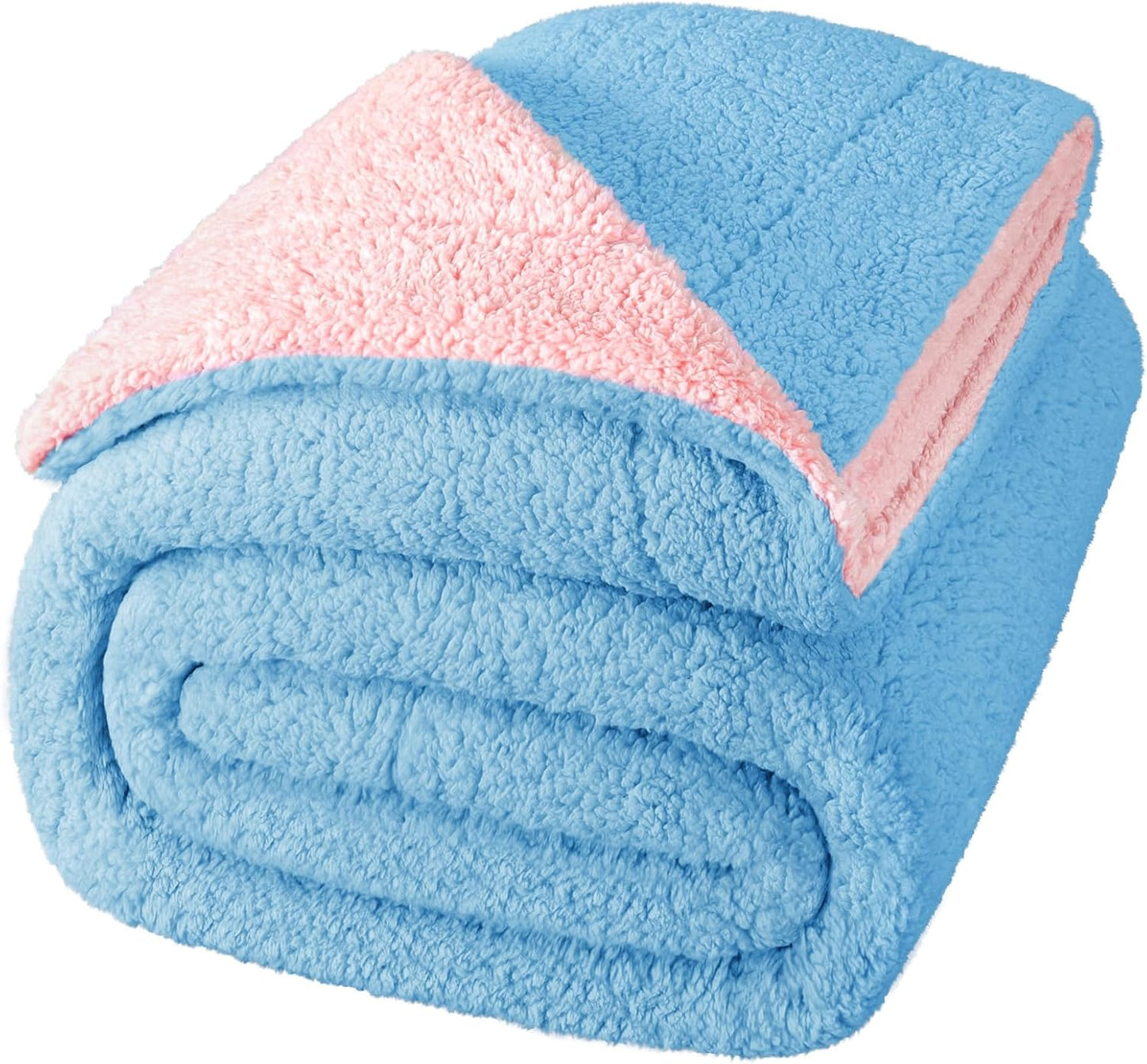 Exclusivo Mezcla Reversible Sherpa Throw Blanket for Couch, Thick and Warm Fleece Blankets for Winter, Soft Plush Fluffy, 50x60 Inches, Blue/Light Pink