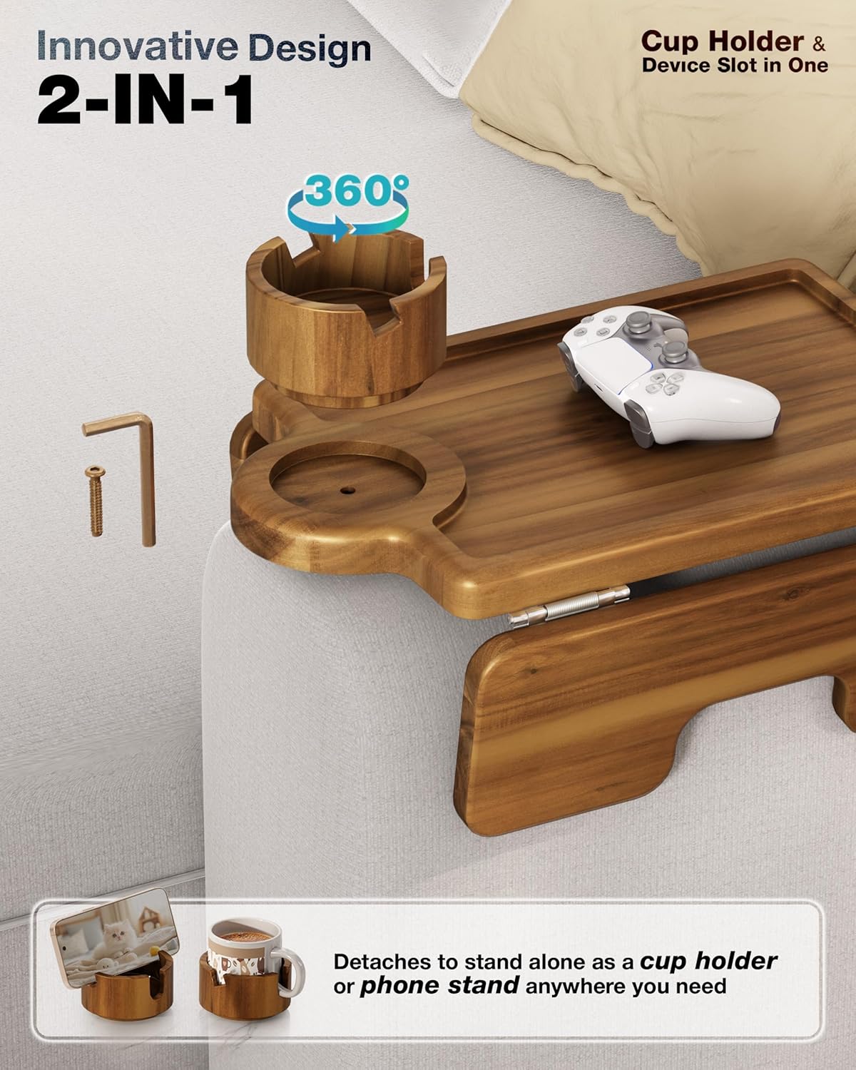 BLUEWEST Couch Cup Holder Tray & Sofa Arm Tray – Large 2-in-1 Acacia Wood Clip-On Side Table with 360° Cup Holder on Armrest, Double SS304 Hinges, Non-Slip for TV Dinners, Remote, Drinks & Snacks