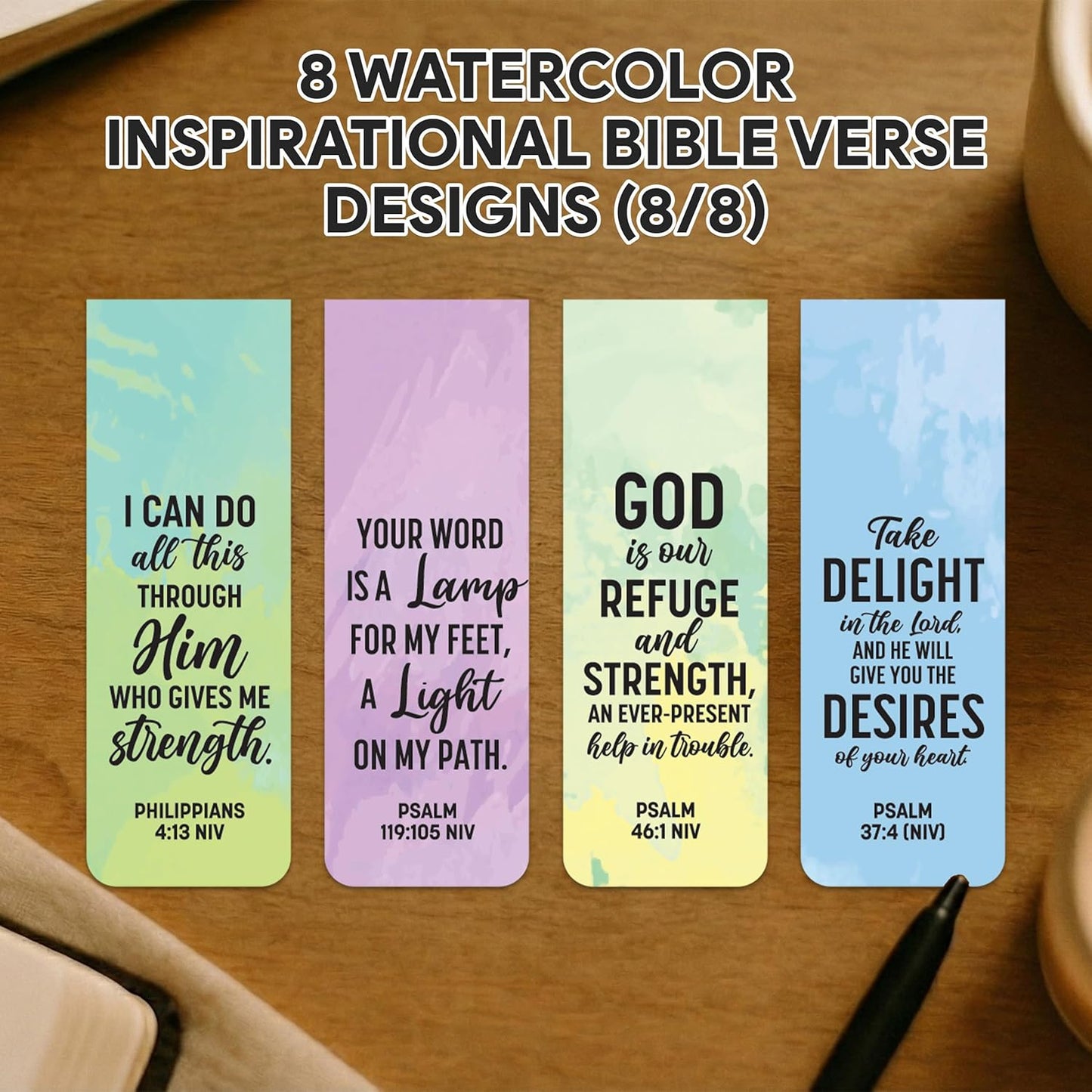 Decorably 8 Pack 0.8x2.3in Bible Verse Christian Magnetic Bookmarks for Women or Men, 8 Watercolor Motivational Designs Prayer Page Clips for Women & Men - Study, Devotional, Journaling, Reading, Gift