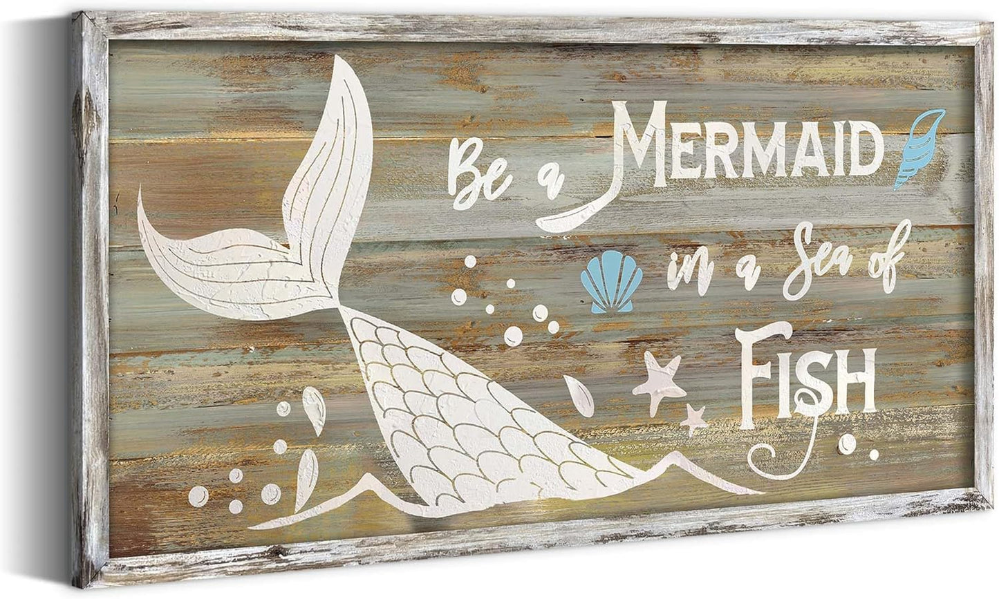 Mermaid Tail Wooden Wall Art: Rustic Framed Coastal Painting Wood Decor Vintage Beach Artwork Seashell Starfish Picture Prints for Bathroom Bedroom