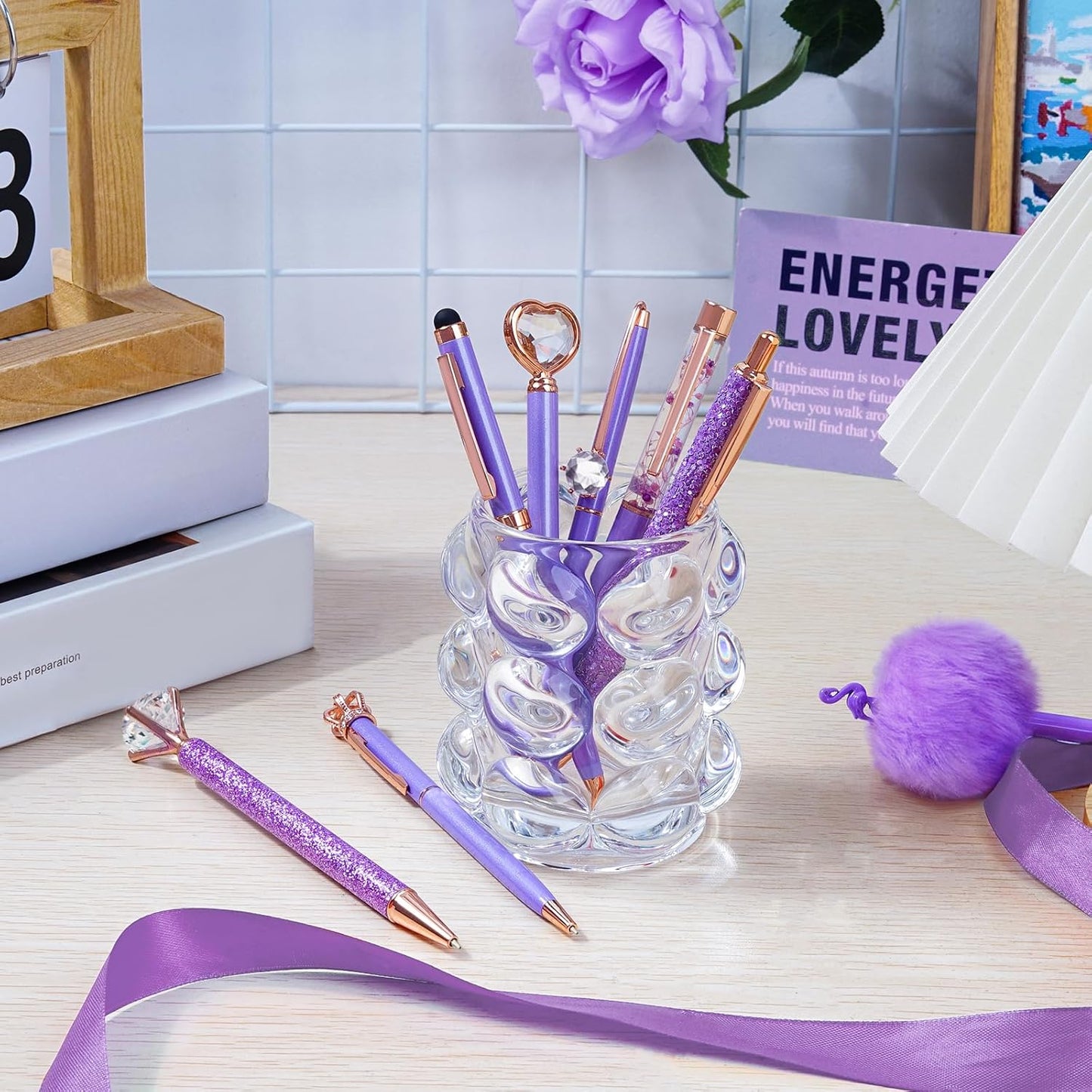 WEMATE 8Pcs Purple Pens, Metal Crystal Diamond Pen with Black & Blue Ink, Pens for Journaling, Office Supplies Fancy Pens for Women, Back to School Supplies for Girls Birthday (Purple)