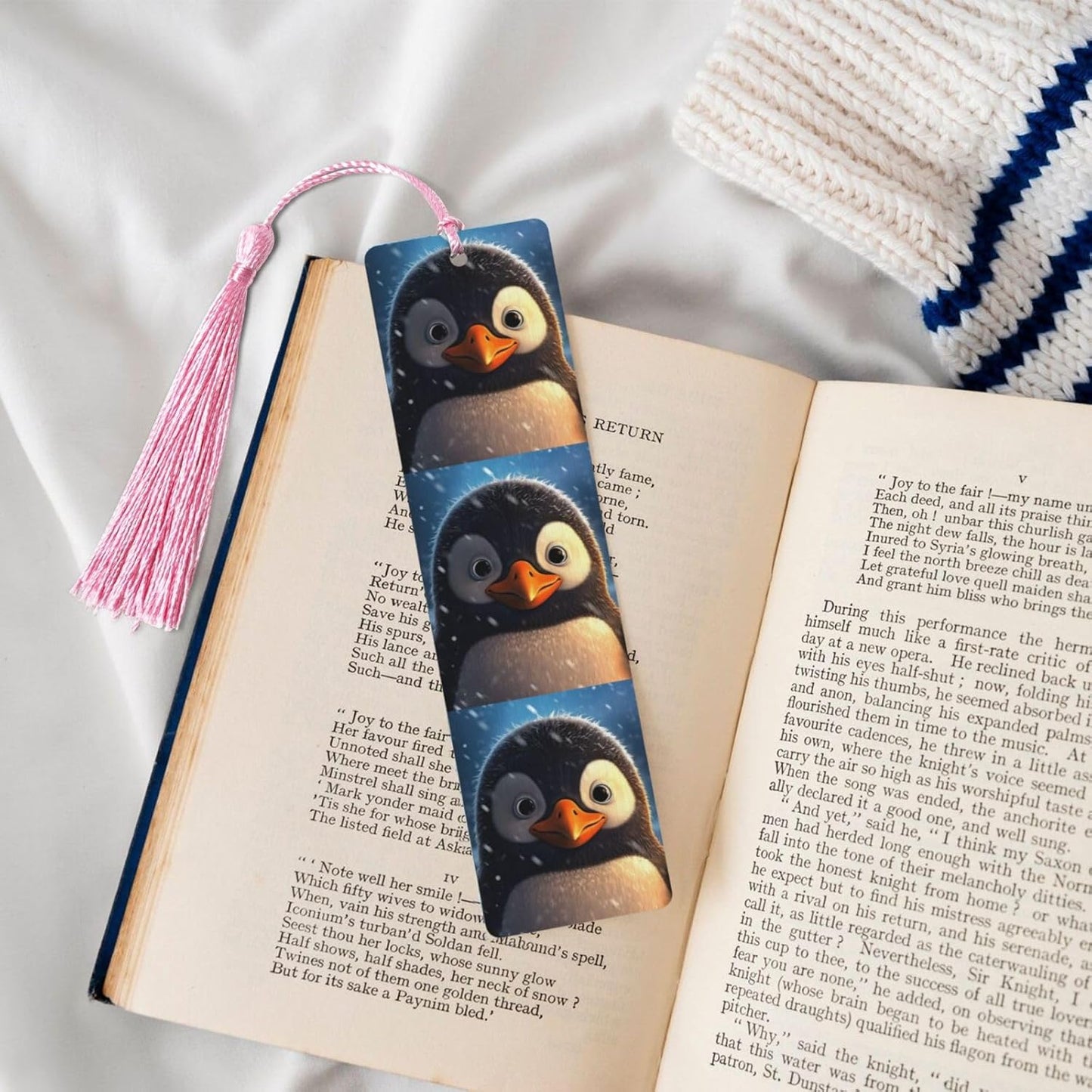 Penguin in The Snow Bookmarks Gifts for Women Men, Wooden Bookmarks for Book Lovers, Vintage Book Marks Ornaments with Tassel, Unique Personalized Reading Page Markers Pink