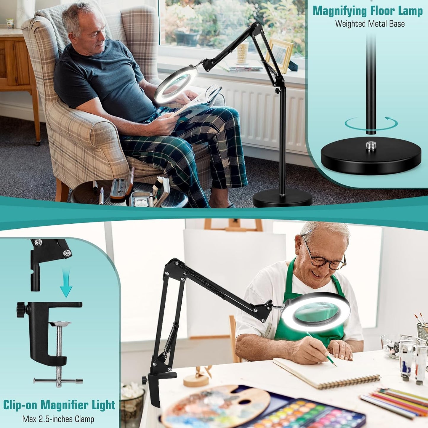 10X Magnifying Glass with Light and Stand, Real Glass Lens (Not Acrylic), 5 Color Modes, Stepless Dimmable, LED 3-in-1 Floor Lamp, Swing Arm with Clamp, Lighted Magnifier Hands Free for Craft, Reading
