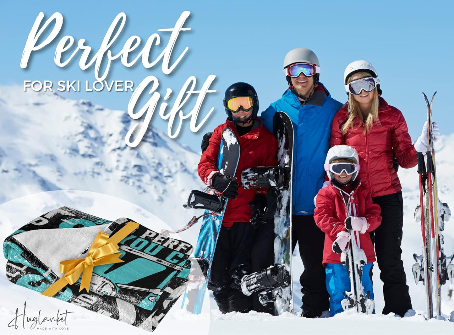 Flannel Plush Blanket, Unique Ski Design - Throw Blanket Gifts for Skier - Quotes About Ski - 50"x 65"