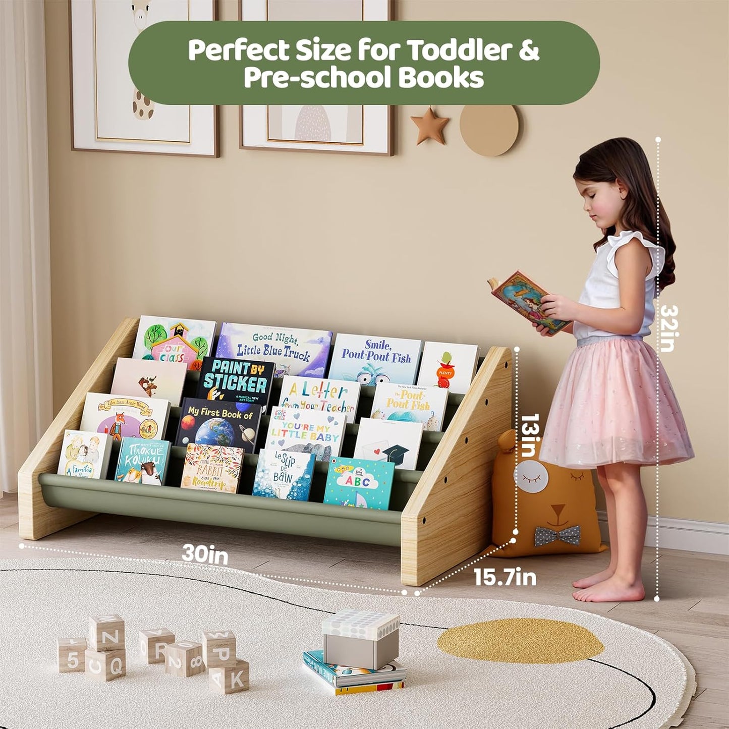 Dayacoco 4-Tier Kids Bookshelf,Montessori Style Book Shelf for Kids Rooms,Extra-Large Children's Bookshelf,Easy to Install Book Shelf for Children's Room or Playroom Storage,Green
