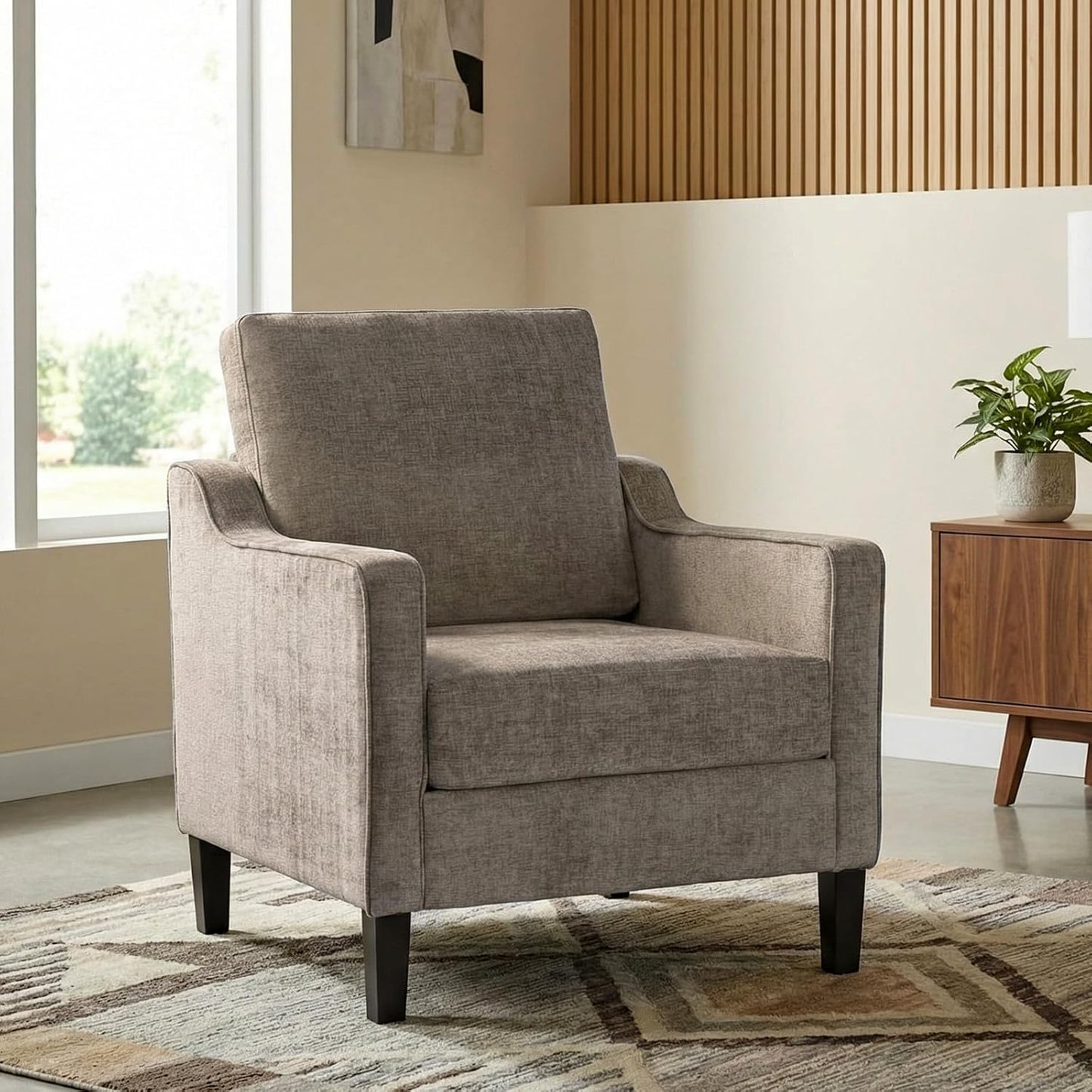 TLSUNNY Mid-Century Accent Chair, Modern Upholstered Chenille Armchair & Padded Reading Chair, Removable Cover & Wood Legs Living Room Chair, Single Sofa for Bedroom/Office/Apartment (Brown)
