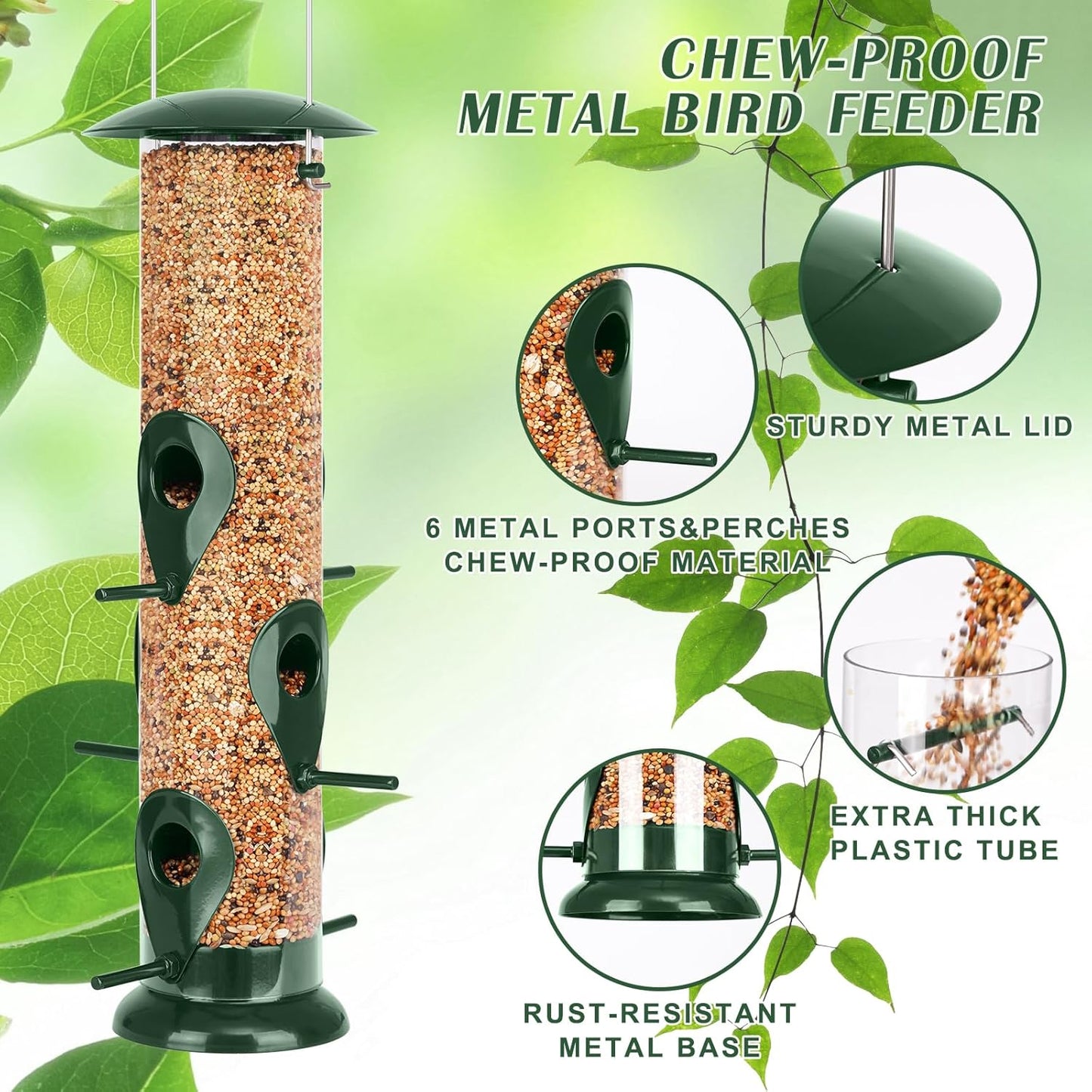 FEED GARDEN Metal Bird Feeder - 6 Port Tube Feeder for Outdoors, Heavy Duty Squirrel Proof with Metal Lid, Easy Fill & Clean, Weather Resistant, 13 Inch