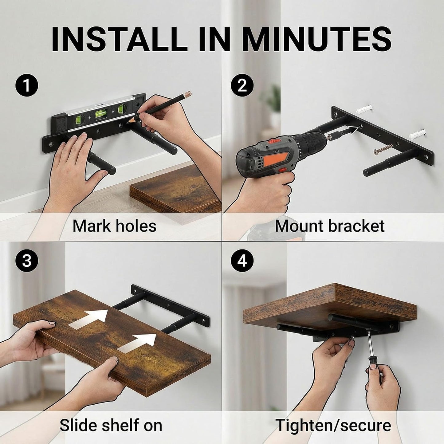 16 Inch Oak Floating Shelves Set of 3, Brown Wall Mounted Shelves with Hidden Brackets, Thin Floating Shelves for Wall Decor, Kitchen Bathroom Bedroom Office