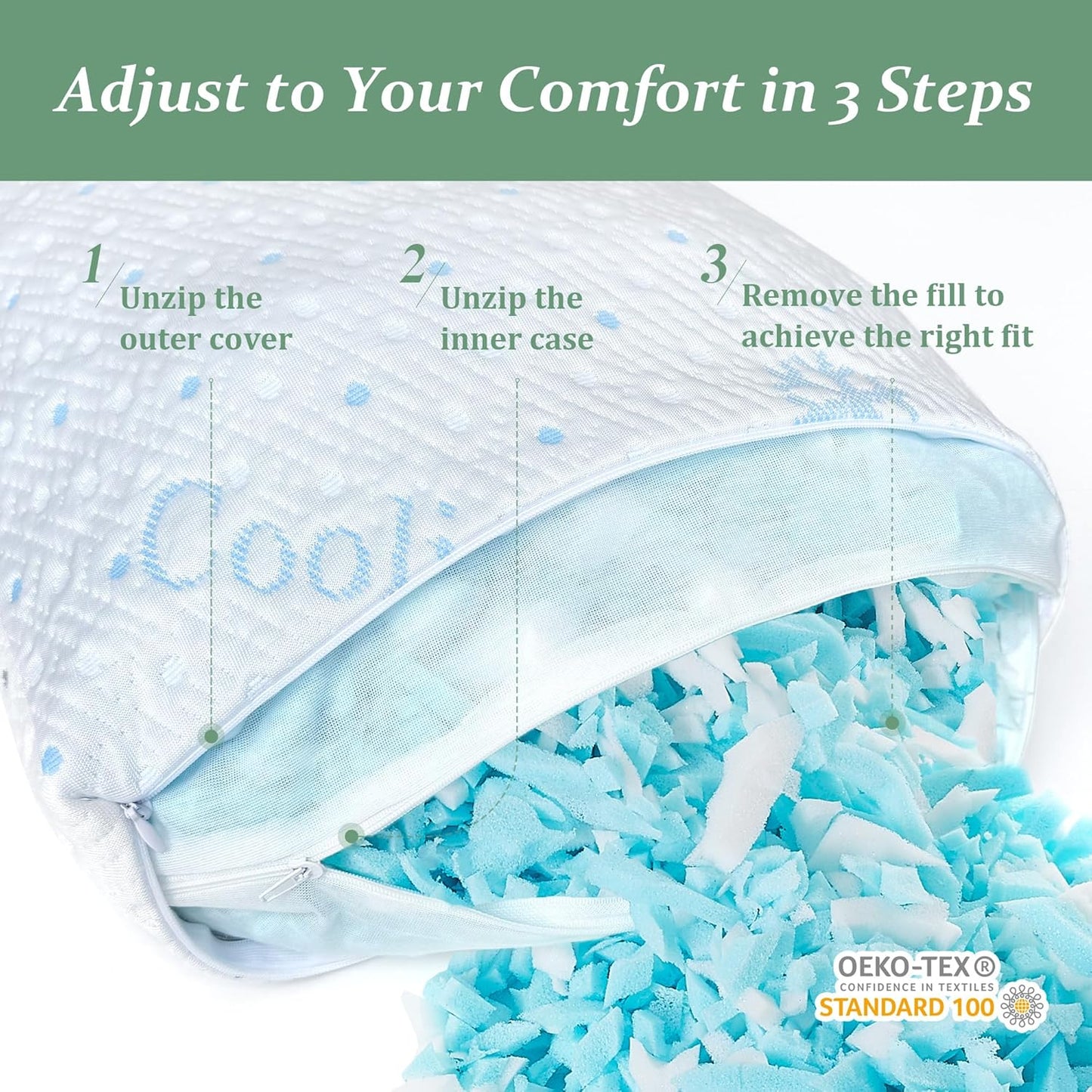 Cooling Body Pillow with Pillowcase, Adjustable Shredded Memory Foam Pregnancy Long Full Bed Body Pillows for Adults Side Sleeper - with Washable Soft Cooling Double-Sided Cover, 20x54 inch