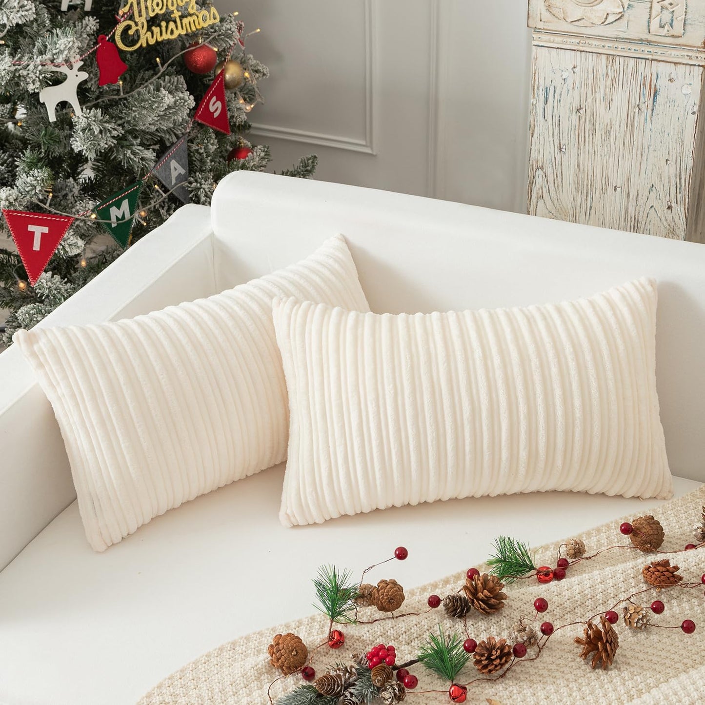 Kevin Textile Set of 2 Oblong Pillow Covers Christmas Plush Striped Corduroy Velvet Rectangular Lumbar Throw Pillow Case 12x20 Cushion Cover for Chair, 30 x 50cm, Creamy White