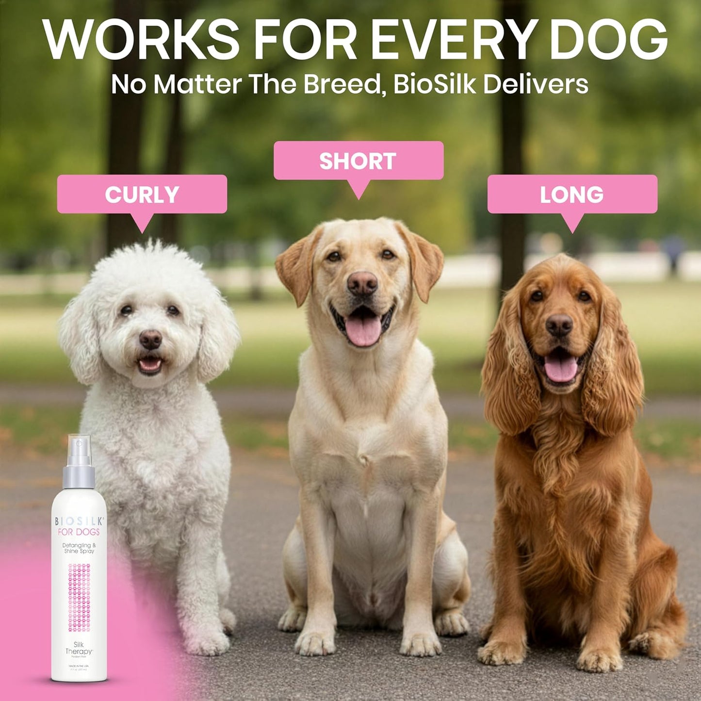 BioSilk for Dogs Detangling Spray with Shine Support, Lightweight Leave In Grooming Mist that Helps Smooth Coats, Detangle, and Add Shine Without Buildup, 8 Fl Oz