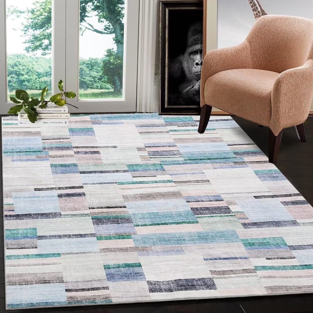 WESTLOOM Washable Bedroom Rug 5x7 Modern Abstract Floor Cover Indoor Non-Slip Low-Pile Geometric Rug Contemporary Accent Carpet for Living Room Nursery, Blue