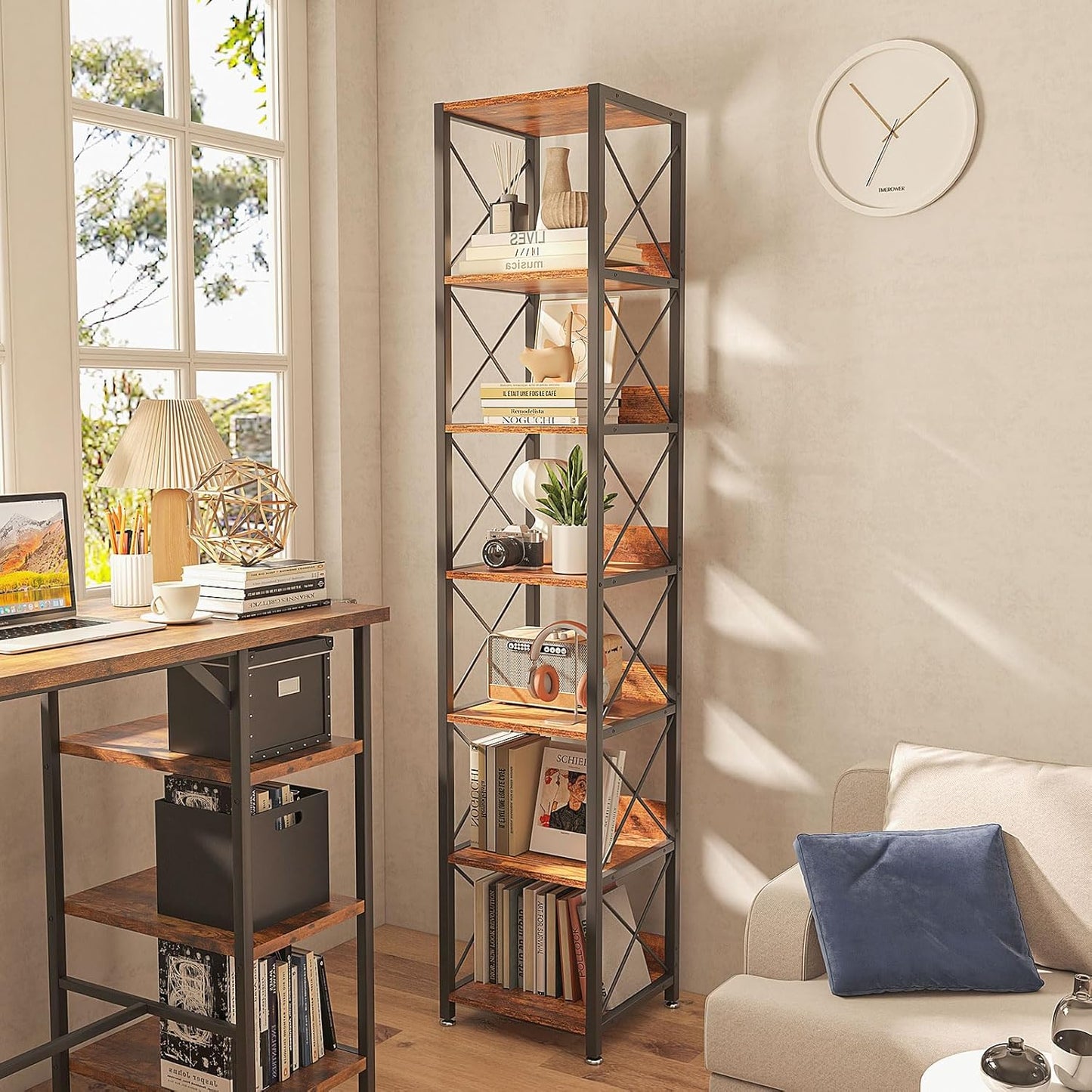 IBUYKE 6-Tier Tall Narrow Bookcase,Wood Corner Shelf Storage Display Rack for Small Spaces,Free Standing Open Bookshelf Square Shelf Tower for Home Office Living Room Bathroom, Rustic Brown UTBC001H