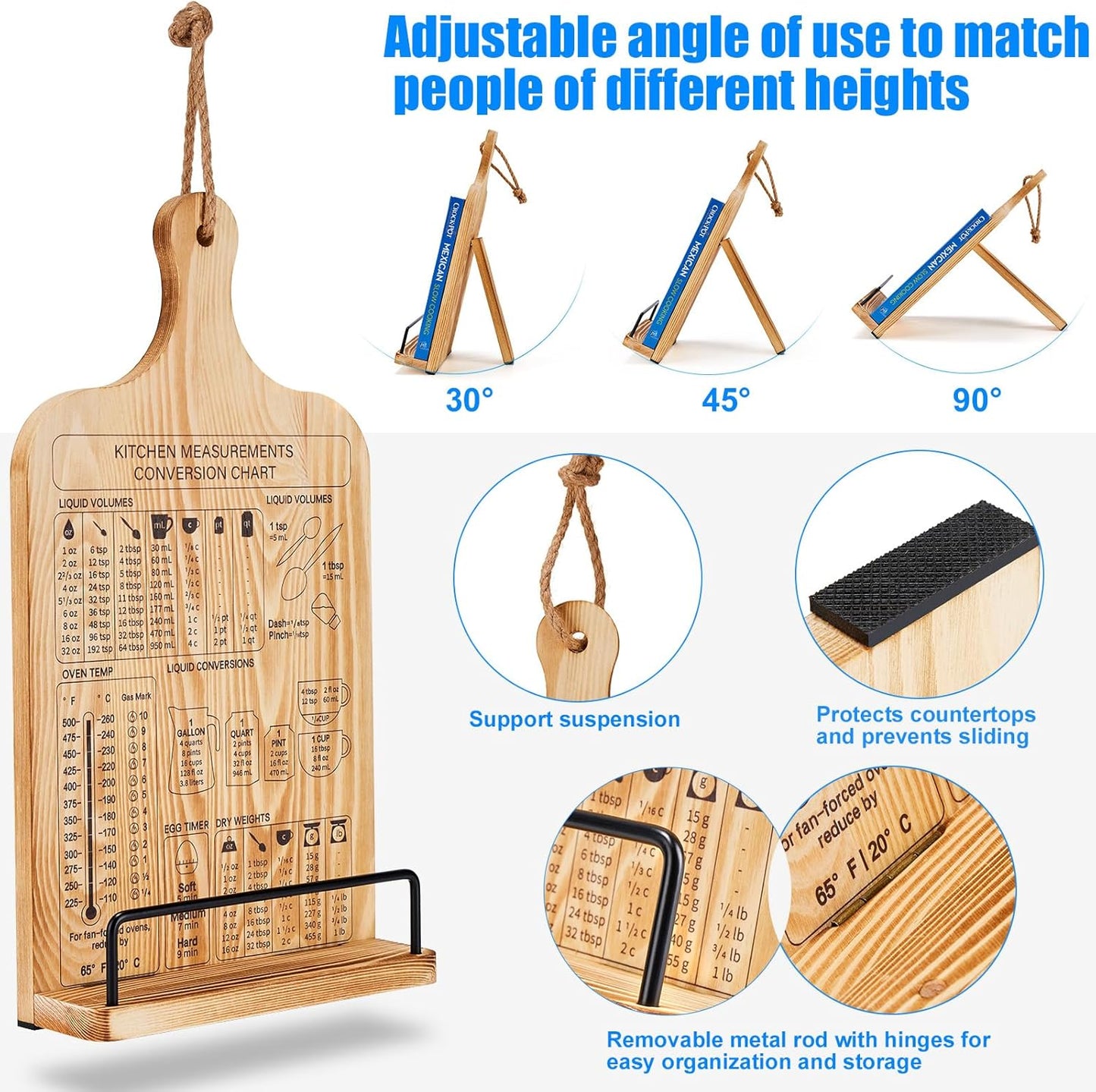 Housejoy Wooden Cookbook Stand with 2 Aprons, Hieght Adjustable Bookholder for Kitchen Counter, Cookbook Holder Stand Wood Sturdy with Measurement Conversion Chart, Foldable Easel for Kitchen
