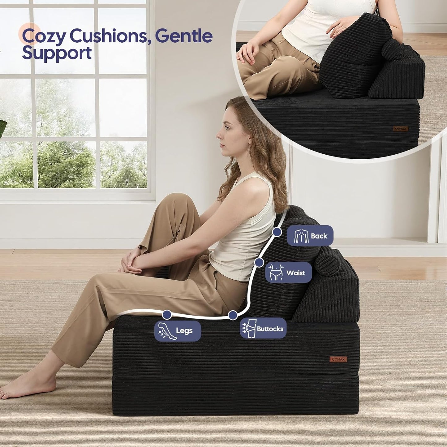 COMAX Folding Sofa Bed, Foldable Couch for Bedroom, Corduroy Convertible Floor Sleeper Futon Chair Foam, 3 in 1 Fold Out Chair Portable Comfy Lounge Couch Single Sofa Bed for Small Space Guest Room