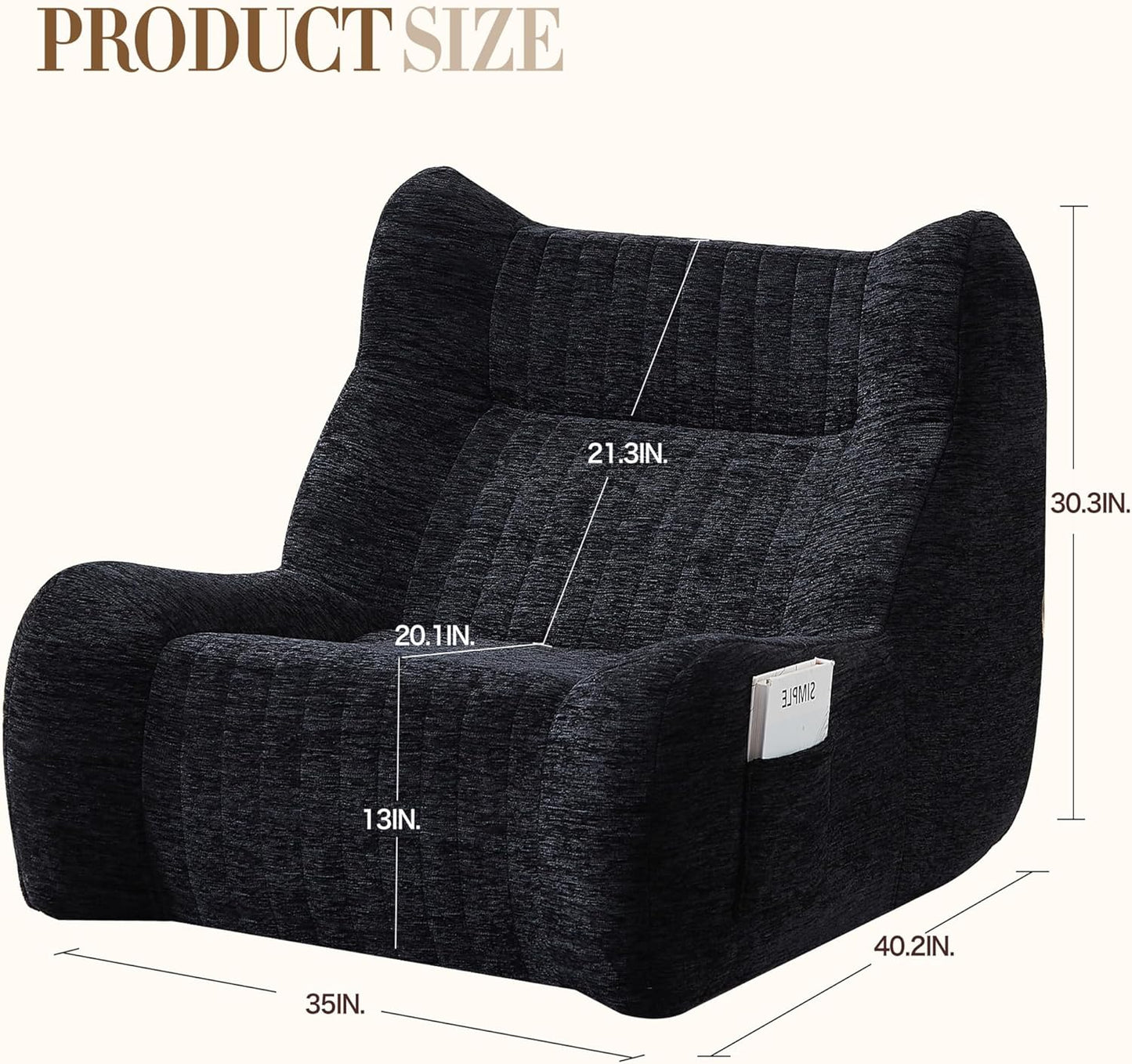 Bean Bag Chairs for Adults and Kids, Oversized Comfy Lazy Floor Sofa, Chenille Upholstered Boneless Couch Chair with Side Pockets, Memory Lounge Reading Chair for Living Room Bedroom Office (Black)