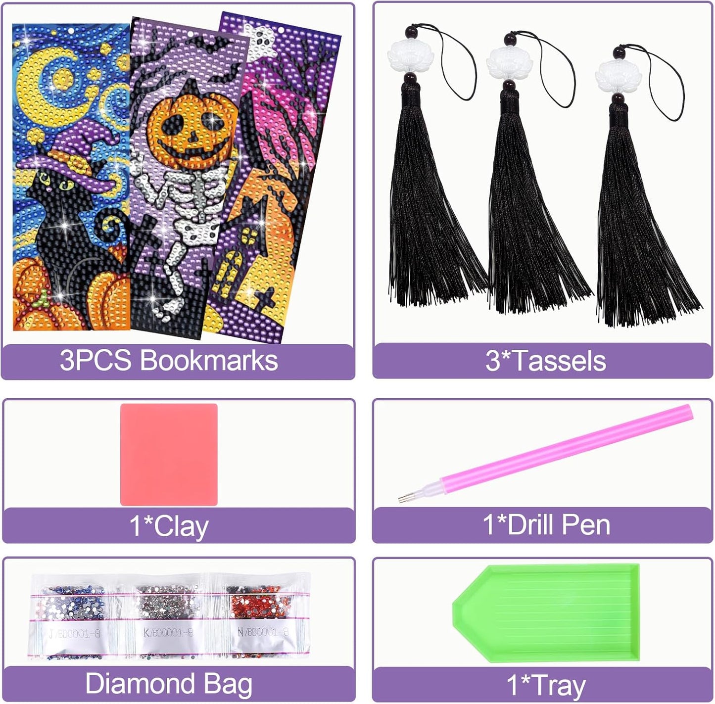 Anseal 3 Pcs 5D Diamond Art Bookmarks for Book Lovers, Cute Rhinestone PU Leather Diamond Crafts Bookmarks for Women Girls, Tassel Beaded Book Mark for Graduation Birthday Reading Present（Halloween）
