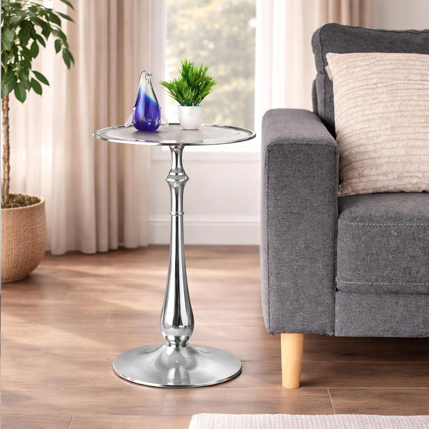 End Table, Modern Side Table for Living Room, Bedroom Nightstand, Small Coffee, Space - Saving, Round Beside Tables for for Living Room and Balcony, Easy Assembly 15x22 (Silver)