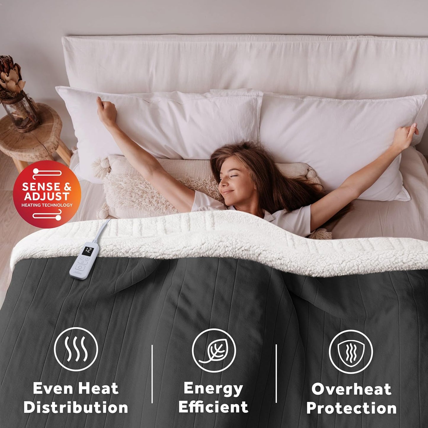Sunbeam Electric Royal Luxe Microplush Reverse Sherpa Heated Blanket, 12 Heat Settings, 12-Hour Selectable Auto Shut-Off, Fast Heating, Warm and Cozy, Night Fog, Full, 84" x 72"