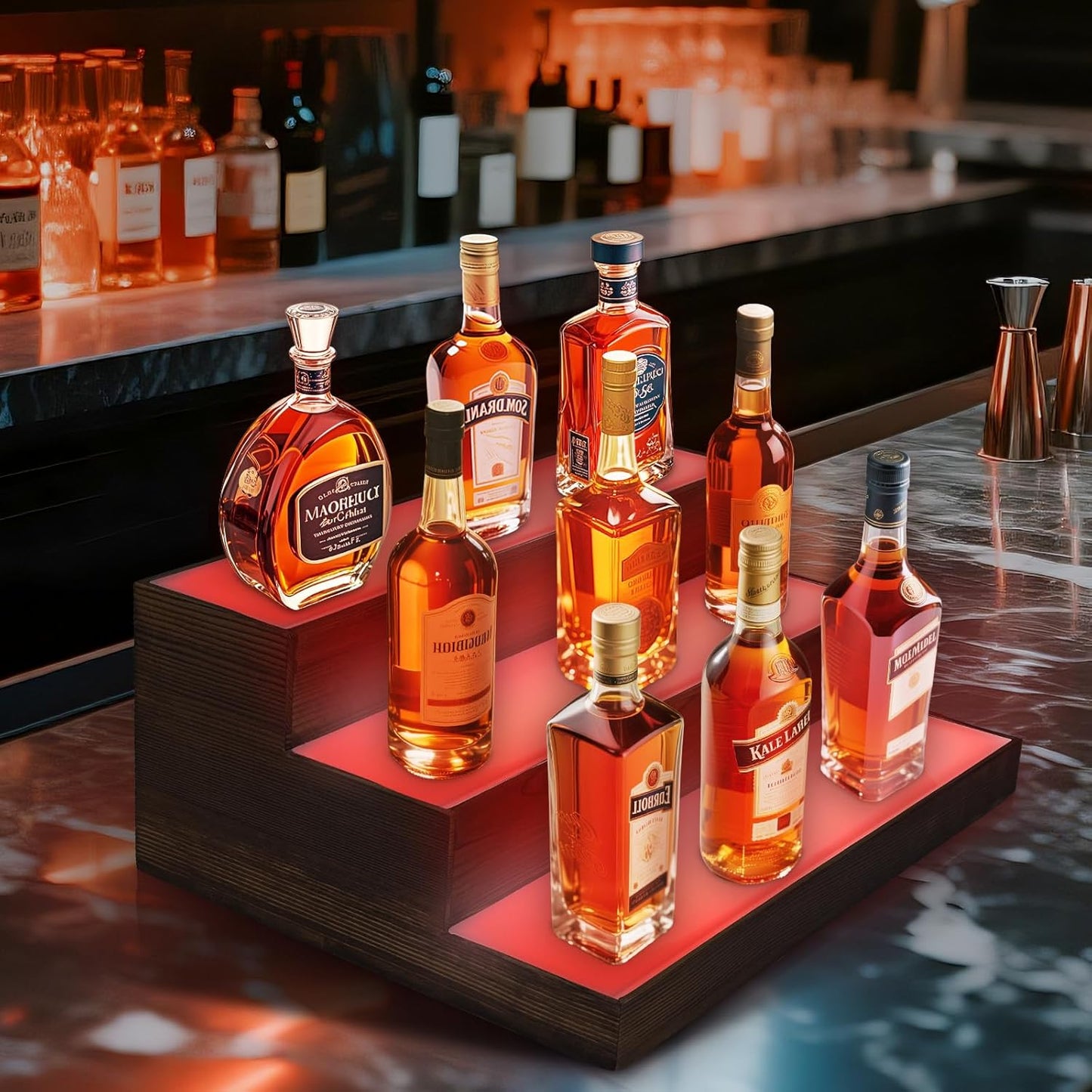 3 Tier Wine Rack with Light LED Liquor Bottle Display Case Acrylic Illuminated Bar Bottle Display Shelf RGB Lighting for Home Commercial Bar Party by Wood