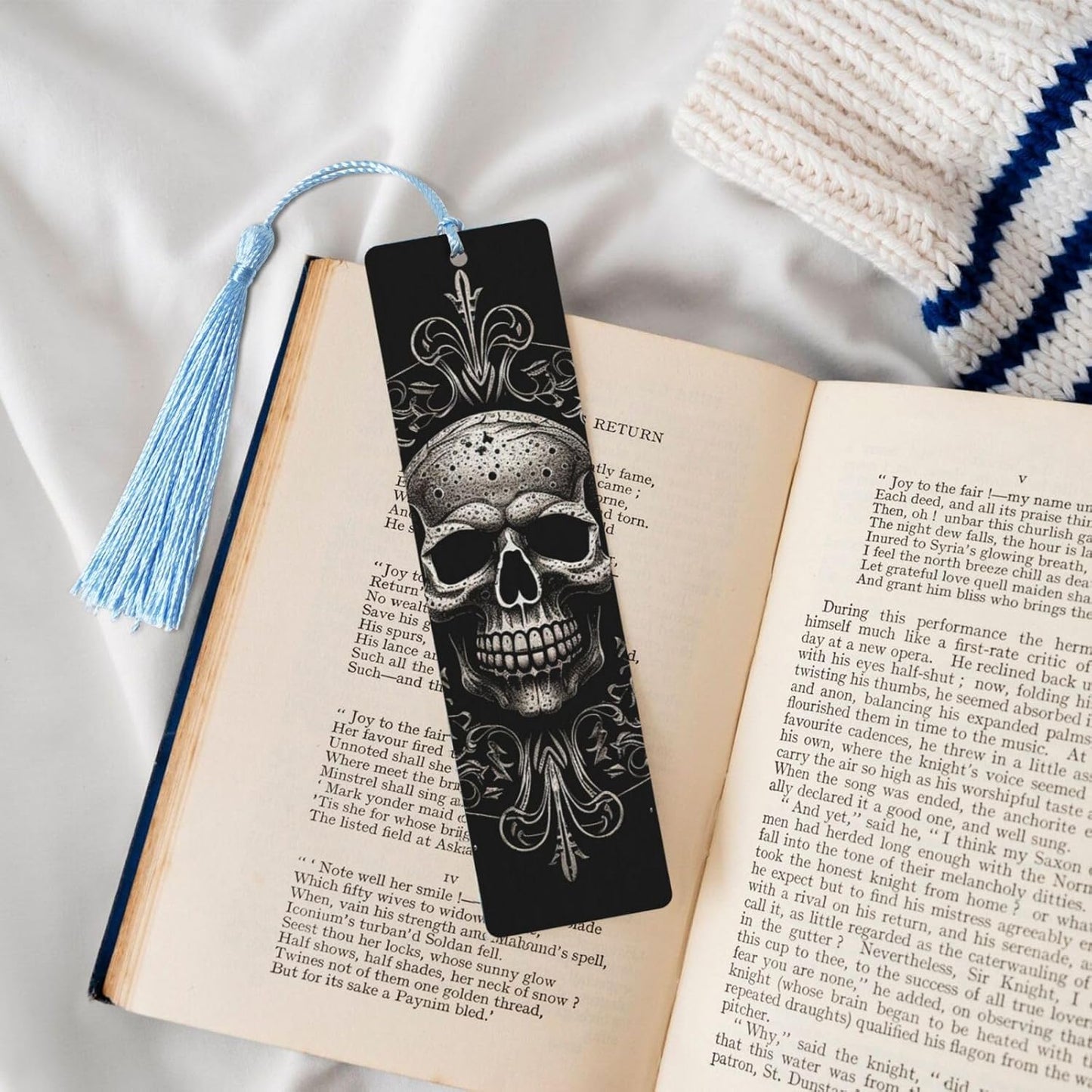 Patterned Skull Bookmarks Gifts for Women Men, Wooden Bookmarks for Book Lovers, Vintage Book Marks Ornaments with Tassel, Unique Personalized Reading Page Markers Sky Blue