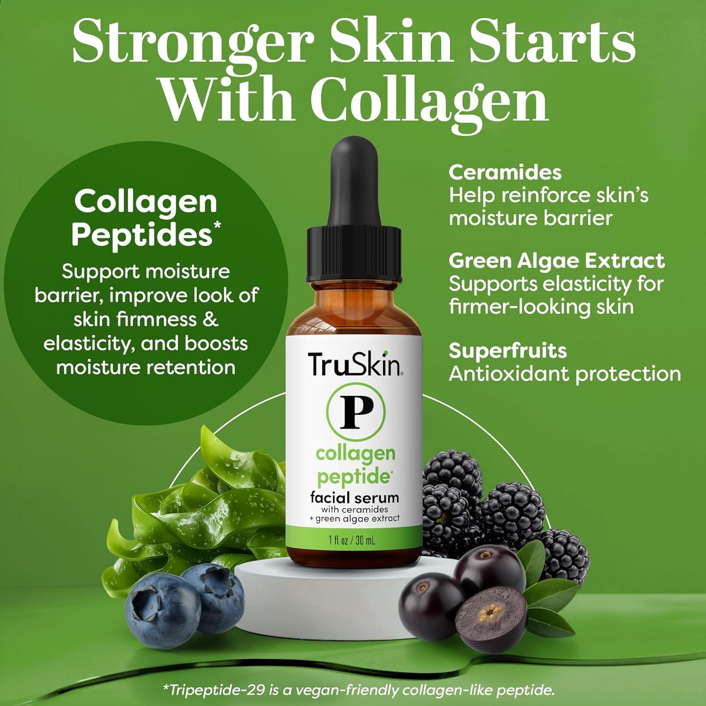 TruSkin Peptide Serum for Face - Pro Collagen Multi-Peptide Anti-Aging Serum with Tripeptide-29 & Ceramides - Supports Skin’s Natural Collagen & Barrier for Firmer-Looking Skin, 1 fl oz
