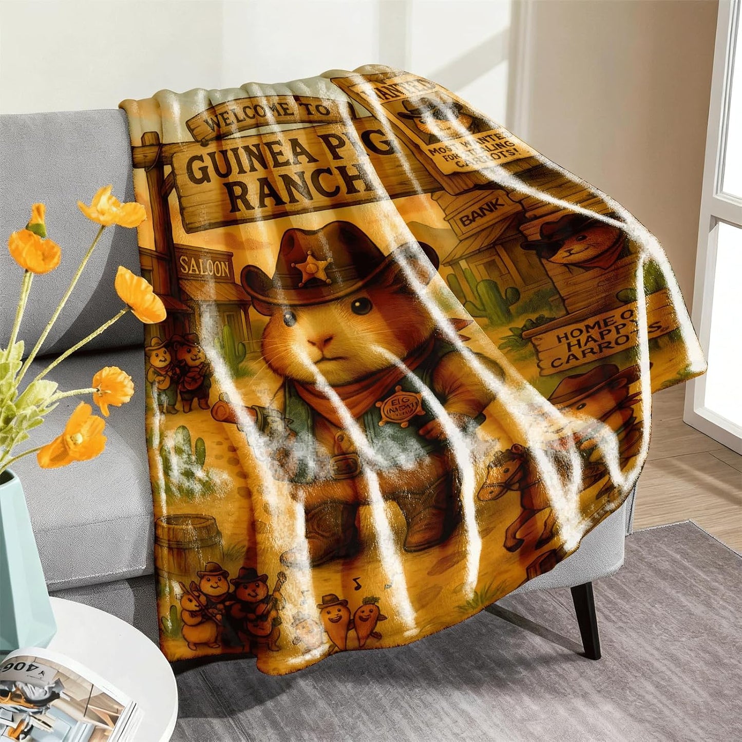 Guinea Pig Blanket 50x60 – Flannel Fleece Throw, Cute Western Sheriff Cavy Print, Cozy Sofa Bed Decor, Animal Lover Gift, Machine Washable