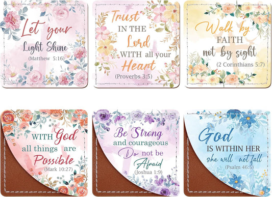 Christian Leather Bookmark Gifts - 6 Pcs Bible Verse Cross Corner Bookmarks for Women Book Lover Religious Flower Page Markers Reading Accessories Bookish Gift for Birthday Christmas Church