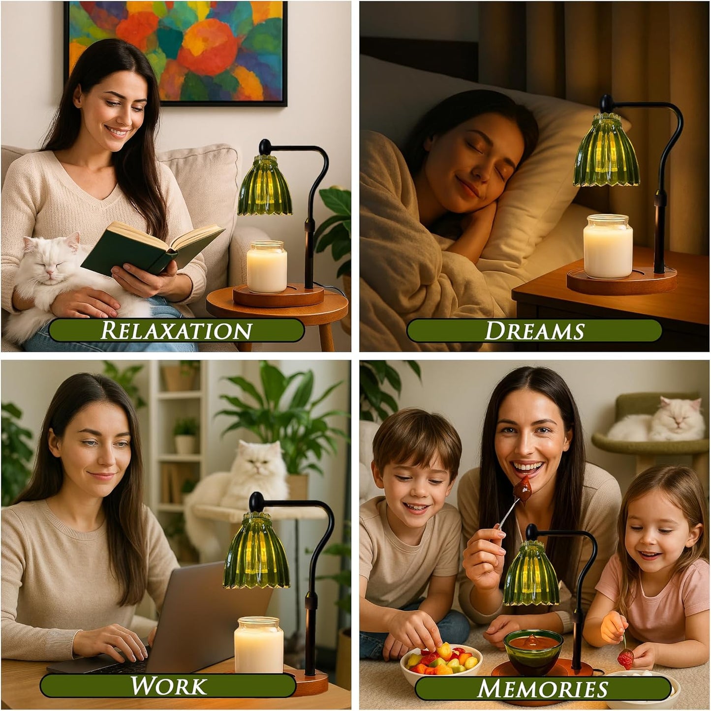 Green Candle Warmer Lamp with Timer - Wax Melt Warmer, Dimmable Electric Candle Lamp, Dark Academia Cottagecore Boho Decor, Adjustable Height, Genuine Wood Base, 2 Bulbs Included, Gift for Her
