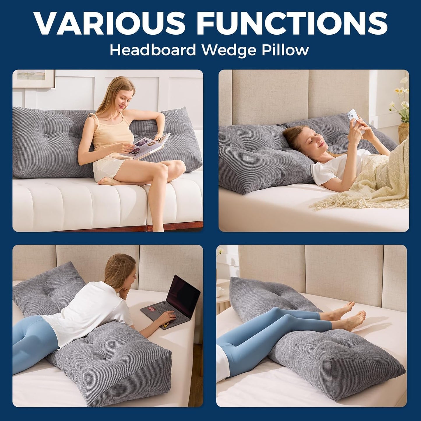 Headboard Pillow with Removable Cover, Corduroy Head Board Backrest Wedge Pillow Triangle Pillows for Headboard for Reading Sitting Working, Daybed Pillows for Bed Dorm Sofa