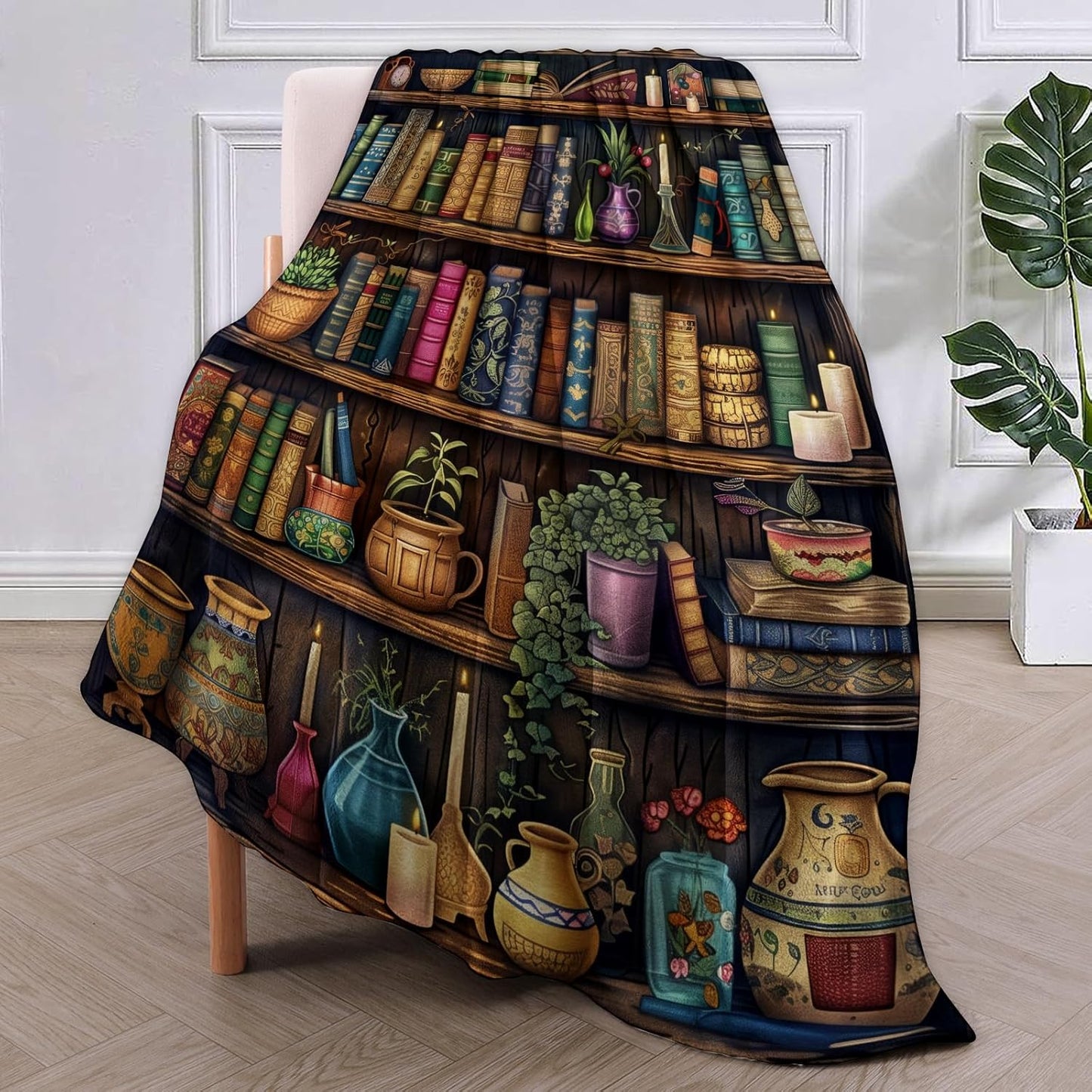 Vintage Bookshelf Blanket, Reading Fleece Throw with Antique Books and Decor, Soft Cozy Lightweight Blanket, for Book Lovers, Graduation Gift,50x60 in