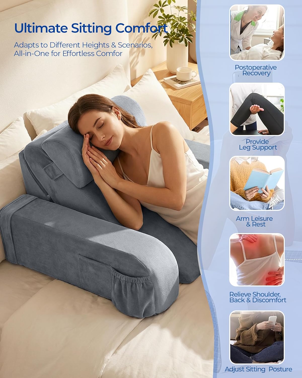 Adjustable Wedge Reading Pillow — Large, 30–90° Stepless Angle, Detachable Arms, Bed or Couch