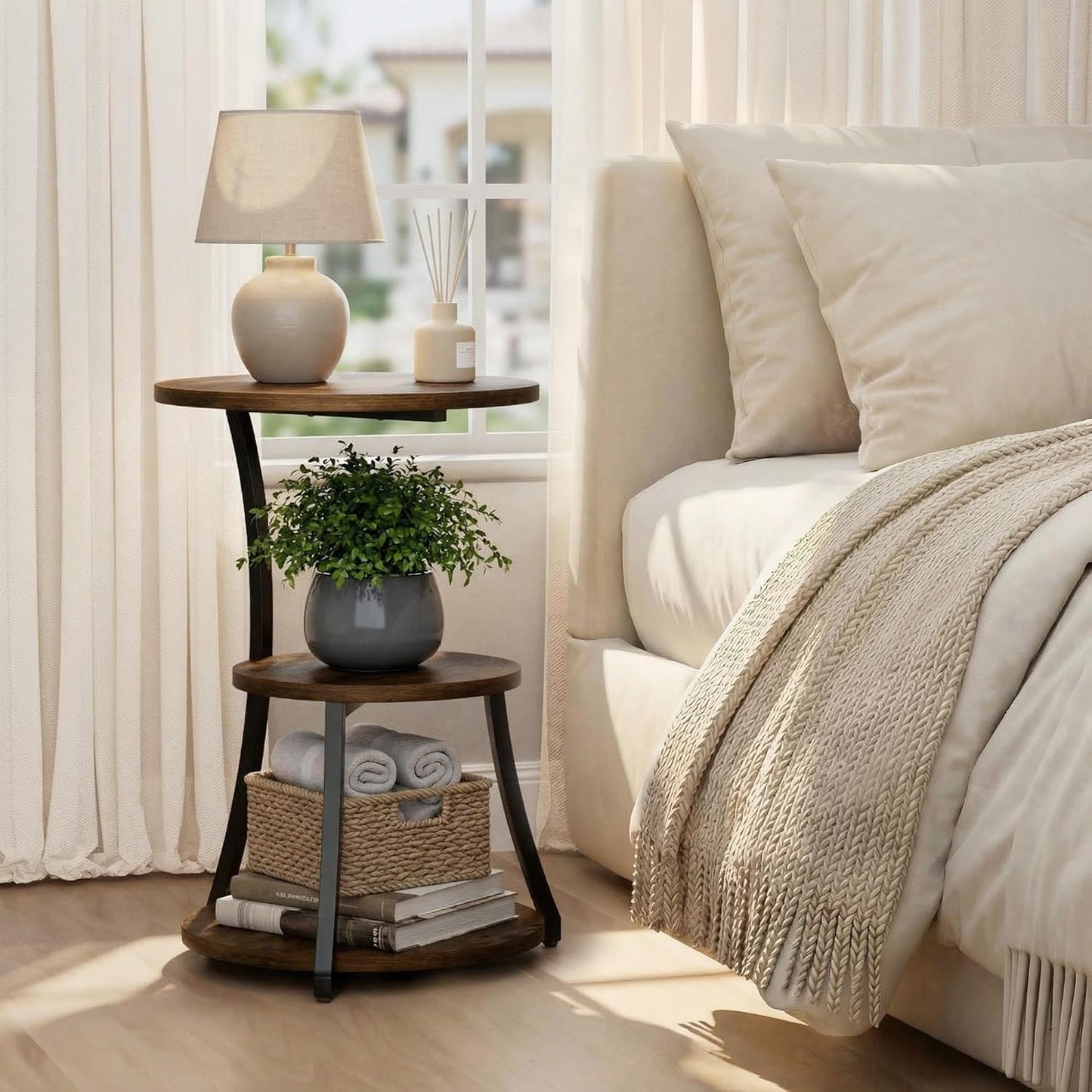 Round Side Table, 15.7" 3-Tier End Table for Living Room, Vintage Accent Table for Small Spaces with Sotage Shelf, Nightstand Wood Metal Coffee Table for Sofa Couch Bedroom, Rustic Brown, Large