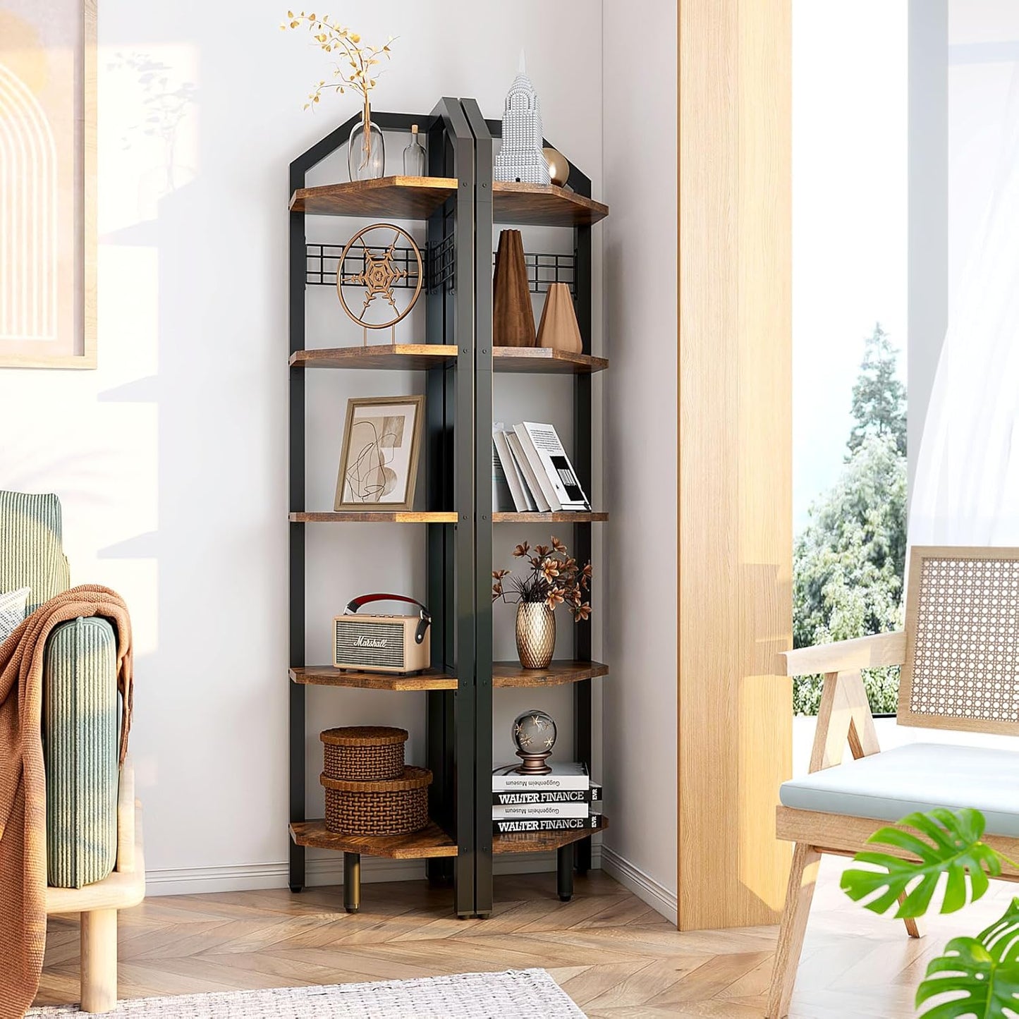 YMYNY 5-Tier Corner Shelf, Freestanding Corner Bookshelf, Plant Stand, Industrial Bookcase, Multi Storage Shelf Rack for Living Room, Bathroom, Bedroom, Small Space, Rustic Brown, 69" H, UHBR006H