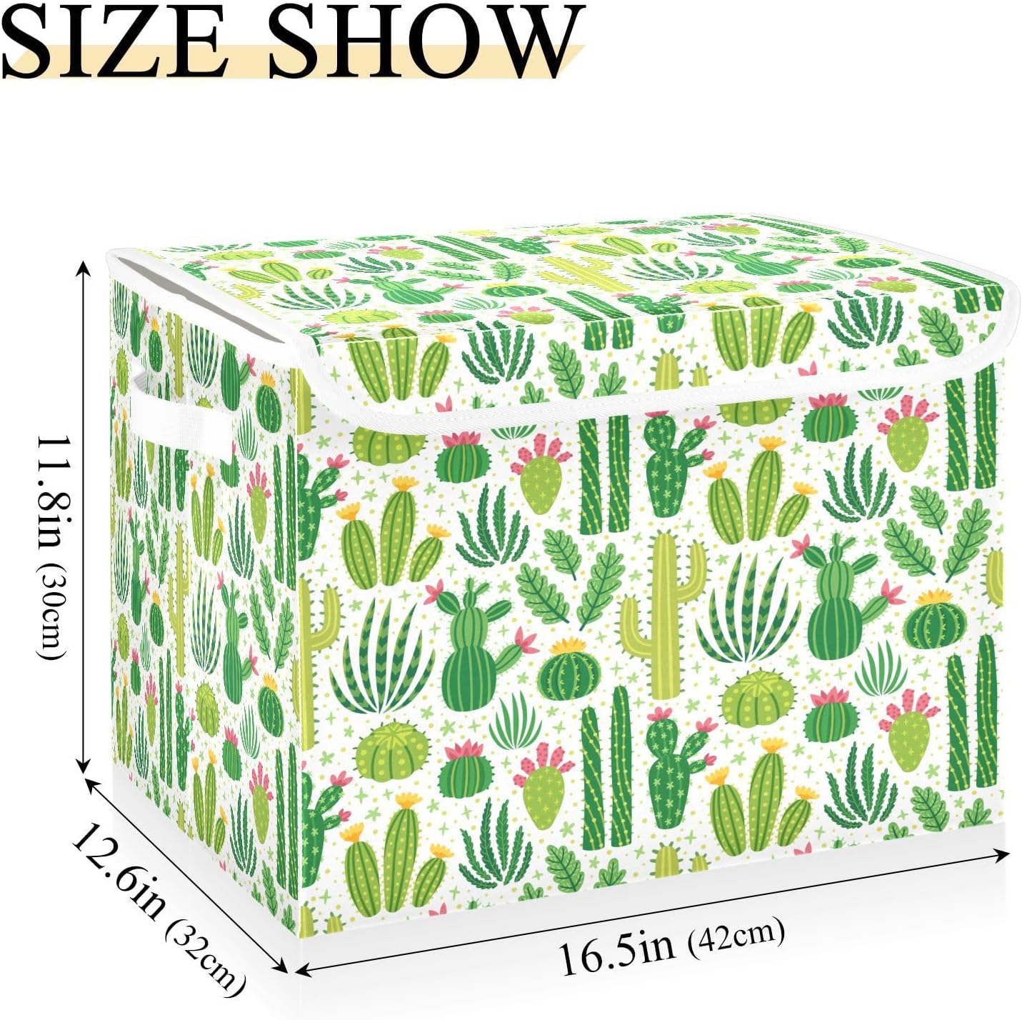 Large Collapsible Storage Bins with Lids, Green Cacti Storage Baskets Organizer Containers with Handles for Clothes