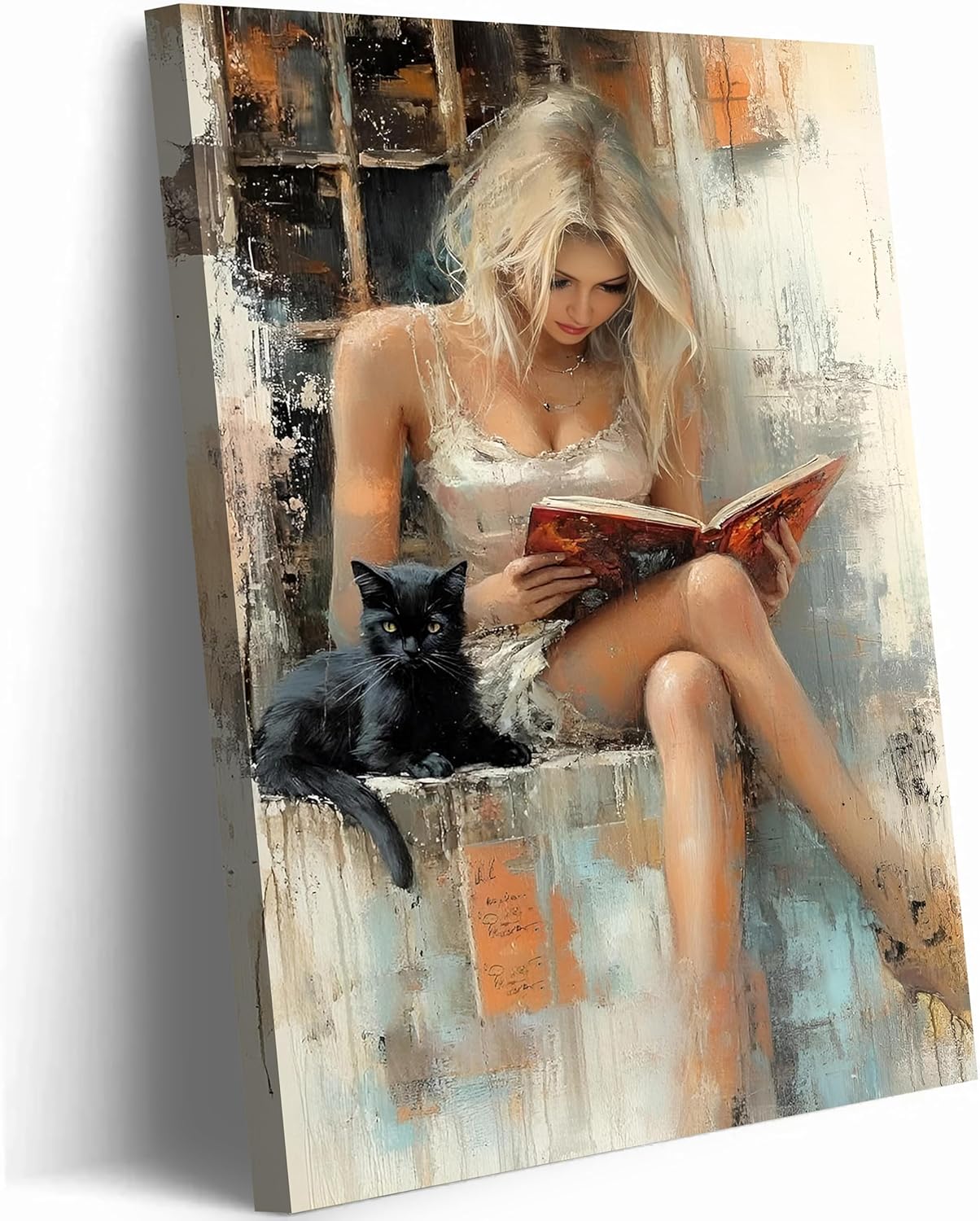 Woman Reading Book Canvas Wall Art Academia Aesthetic Painting Wall Decor Pictures Modern Girl Painting with Black Cat posters Prints for Home Living Room Bedroom Office Decor Ready-to-Hang(16inx12In)