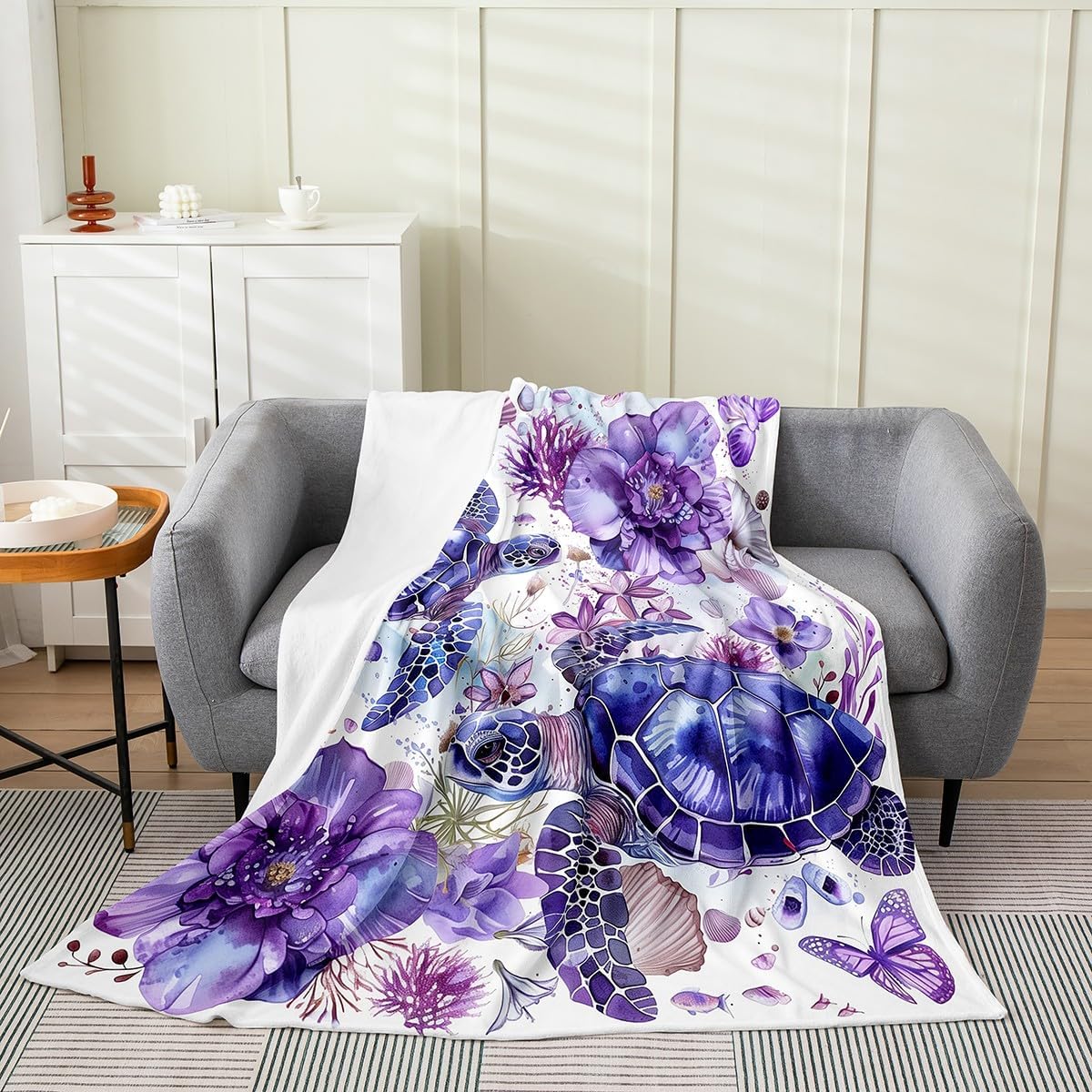 Manfei Sea Turtle Flannel Blanket Purple Flower Butterfly Throw Blanket Marine Animal Theme Cozy Throws for Bed Couch Sofa,Kids Boys Girls Room Decor,Soft and Breathable(40 x 50 Inches)