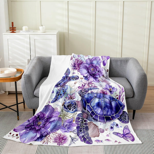 Manfei Sea Turtle Flannel Blanket Purple Flower Butterfly Throw Blanket Marine Animal Theme Cozy Throws for Bed Couch Sofa,Kids Boys Girls Room Decor,Soft and Breathable(40 x 50 Inches)